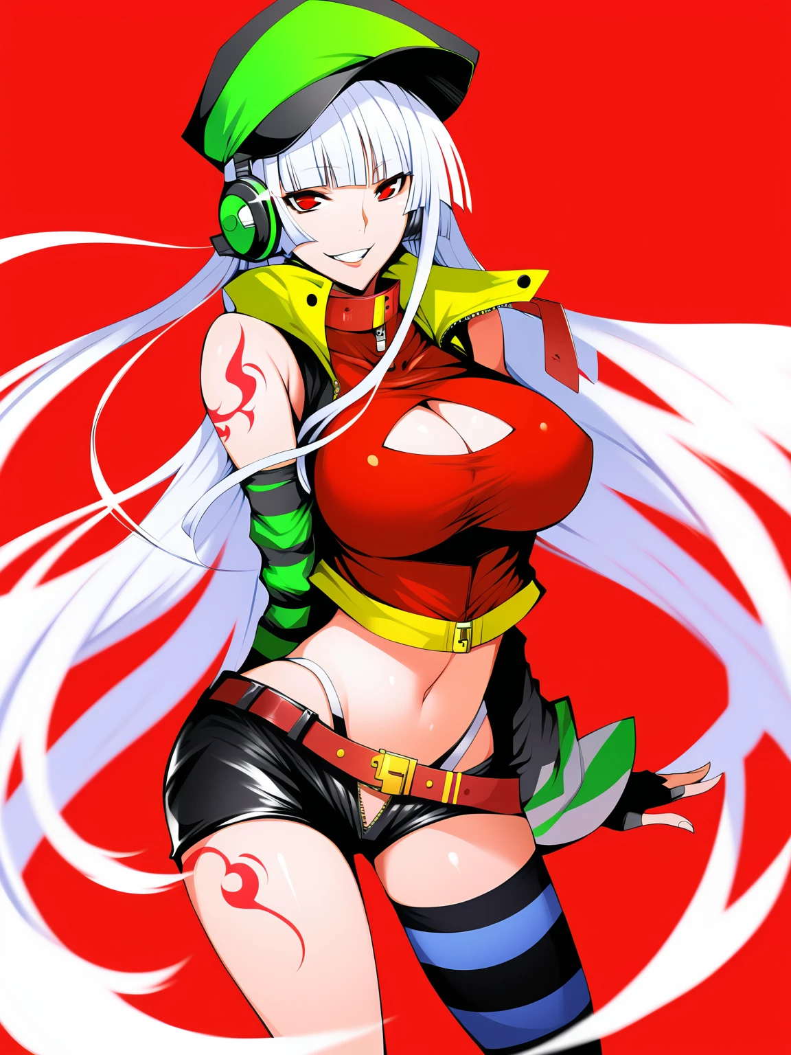 score_9,score_8_up,score_7_up,score_anime,
BREAK
1girl,solo,long hair,thighhighs,gloves,red eyes,hat,breasts,shorts,fingerless gloves,white hair,navel,very long hair,cleavage,red background,tattoo,headphones,midriff,striped,fujiwara no mokou,short shorts,alternate costume,belt,clothing cutout,asymmetrical legwear,looking at viewer,bare shoulders,sleeveless,simple background,crop top,large breasts,zipper,cleavage cutout,arm behind back,striped thighhighs,single thighhigh,medium breasts,highleg,cowboy shot,seductive smile
BREAK <lora:LDART_style_pony:0.95>,, masterpiece, best quality,