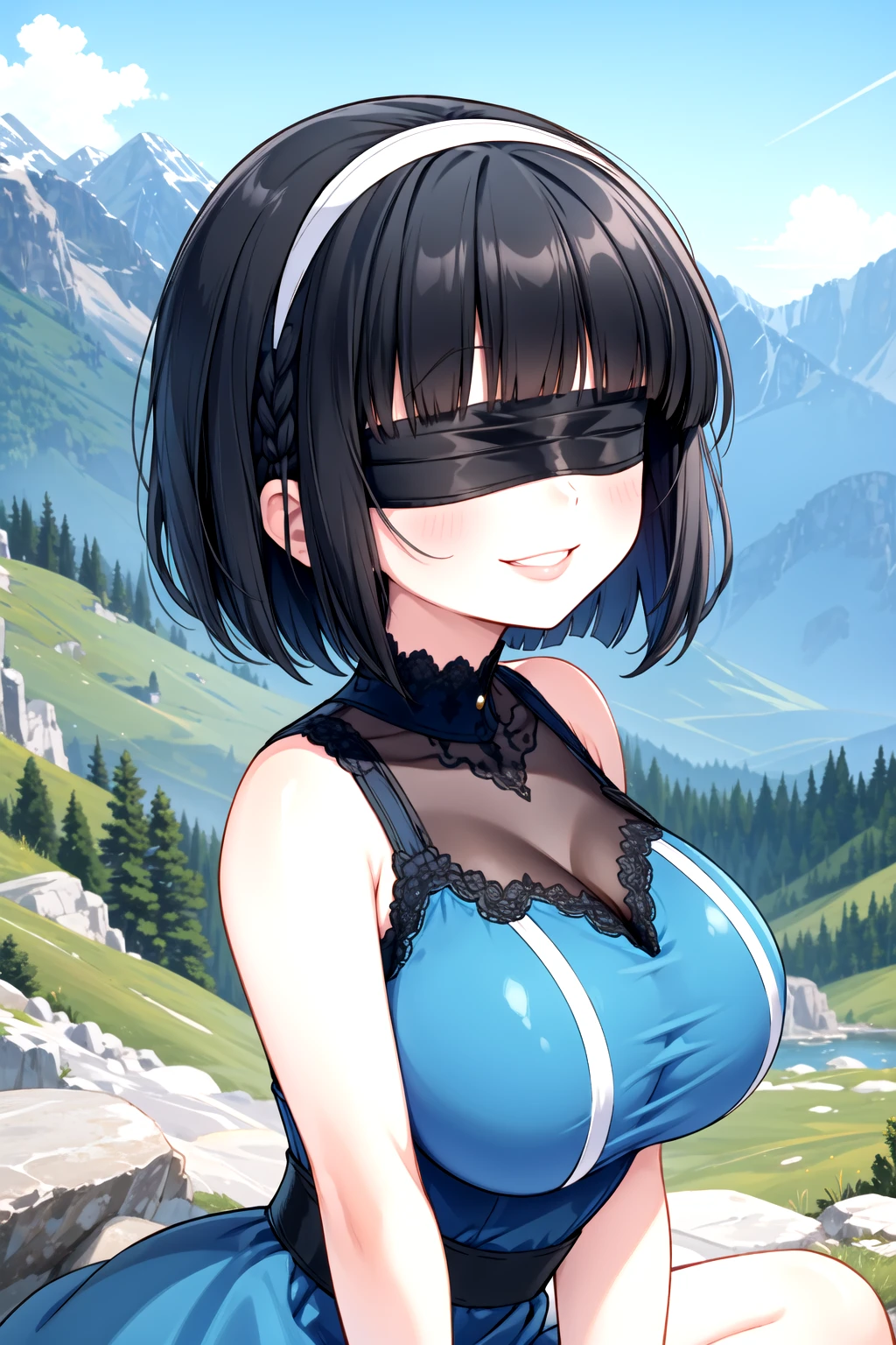 huge breasts, outdoors, mountain, blue dress, sleeveless, blunt bangs, black hair, bob cut, smile, lips, hairband <lora:blindfold:0.6>, blindfold