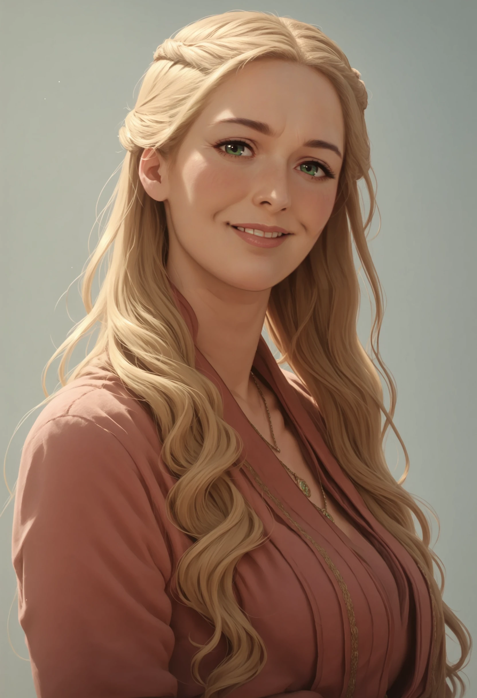 score_9, score_8_up, score_7_up, score_6_up, score_5_up, score_4_up, 1girl, <lora:CerseiLannister_r1:0.9> solo, mature woman, medium breasts, long hair, blonde hair, green eyes, dress, covered neck, upper body, smile, blush, looking at viewer, from side,
light blue background, simple background,