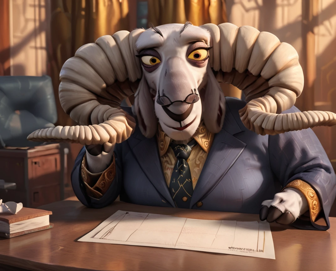 score_9, score_8_up, score_8,    <lora:Soothsayer_Kung_Fu_Panda_2_for_PonyXL:0.8> horns, old lady, soothsayer, goat girl, furry, yellow eyes, suit, office, at desk, paperwork