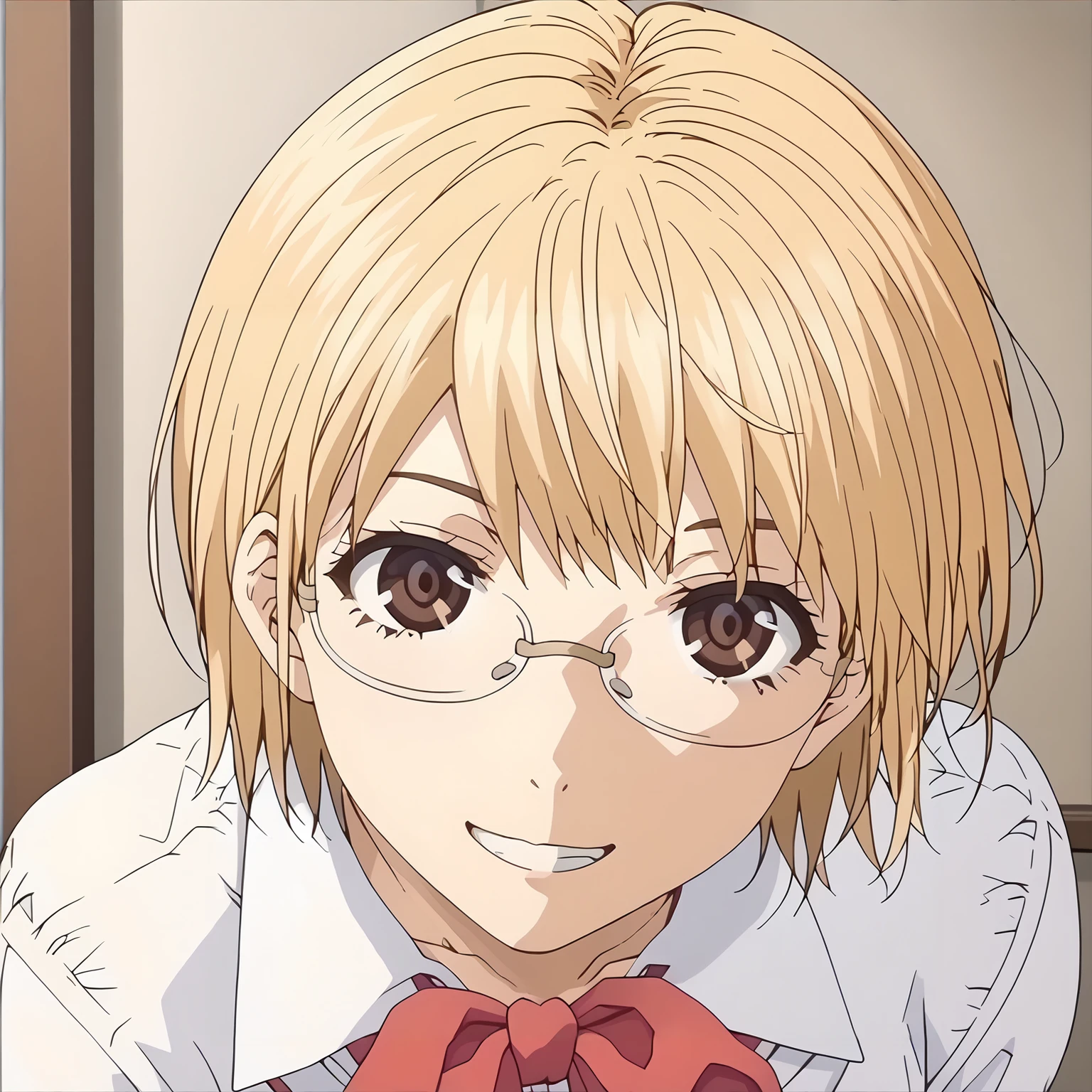 <lora:ShokoShimuraXLpony001>,
smile,
solo,
ShokoShimura,1girl,blonde hair,short hair,brown eyes,eyewear,
school_uniform,white shirt,red bowtie,
indoors,