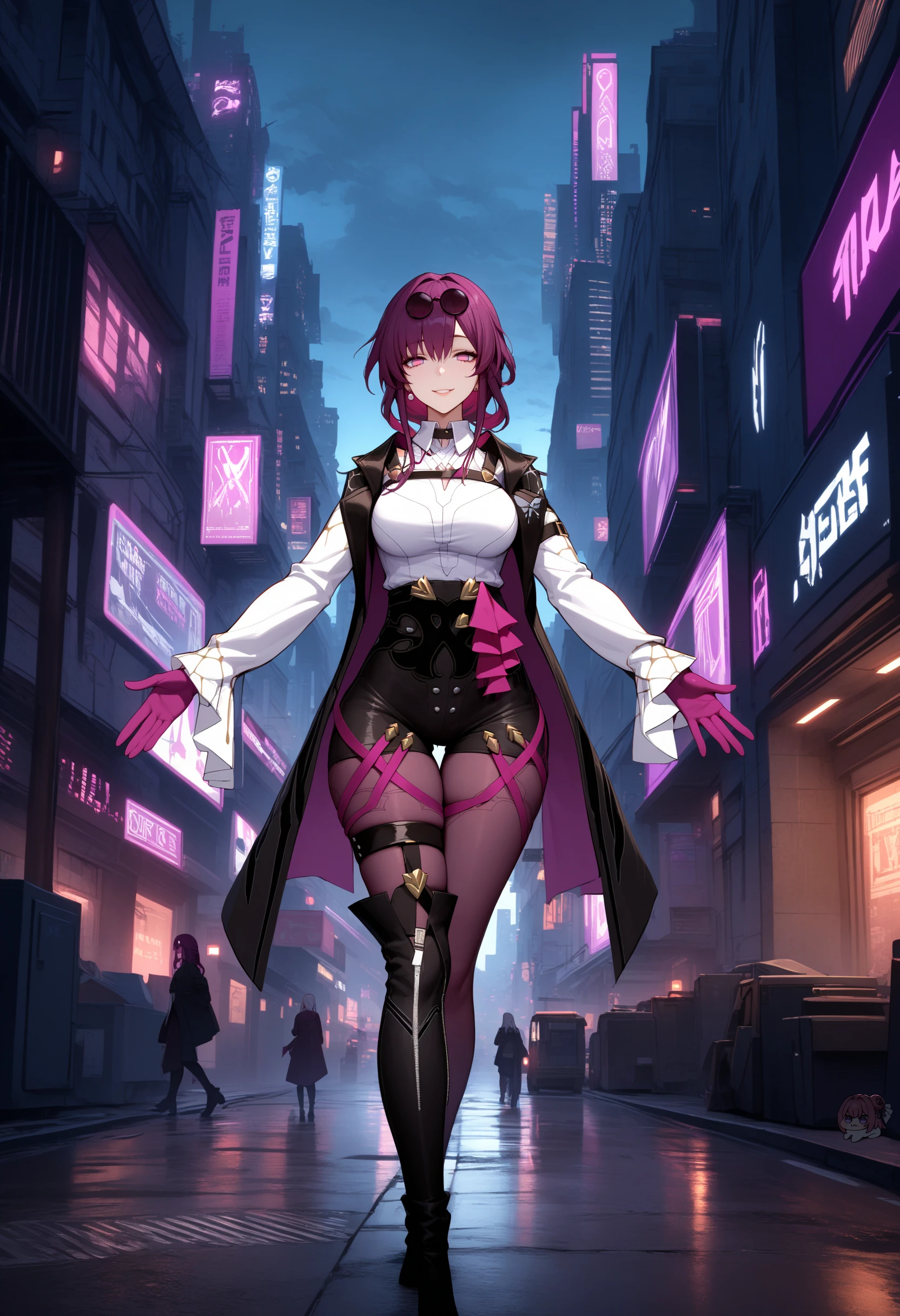 <lora:kafka_hsr_xypher_amxl_v1:0.8> kafhsr, kafka, no pupils, eyewear on head, smile, collared shirt, chest harness, jacket on shoulders, black jacket, purple gloves, high-waist shorts, pantyhose under shorts, pantyhose, thigh straps, long white sleeves, asymmetrical footwear, thigh boots, single thigh boot, black boots, outdoors, science fiction, city, scenery, dark theme, dark background, masterpiece, best quality, very aesthetic, absurdres