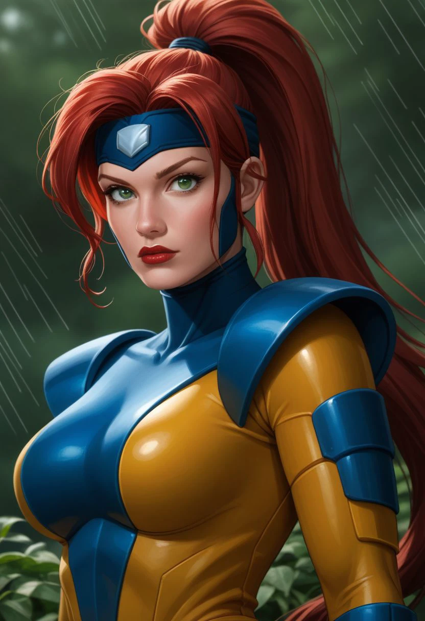 end_jngr3y, 1girl, solo, long hair, looking at viewer, green eyes, upper body, red hair, lips, bodysuit, red nails, emphasis lines, red lips, outdoors, bodysuit,  multicolored bodysuit, yellow bodysuit, blue armor, headband,long hair, high ponytail, portrait,  BREAK PonyXLV6_Scores