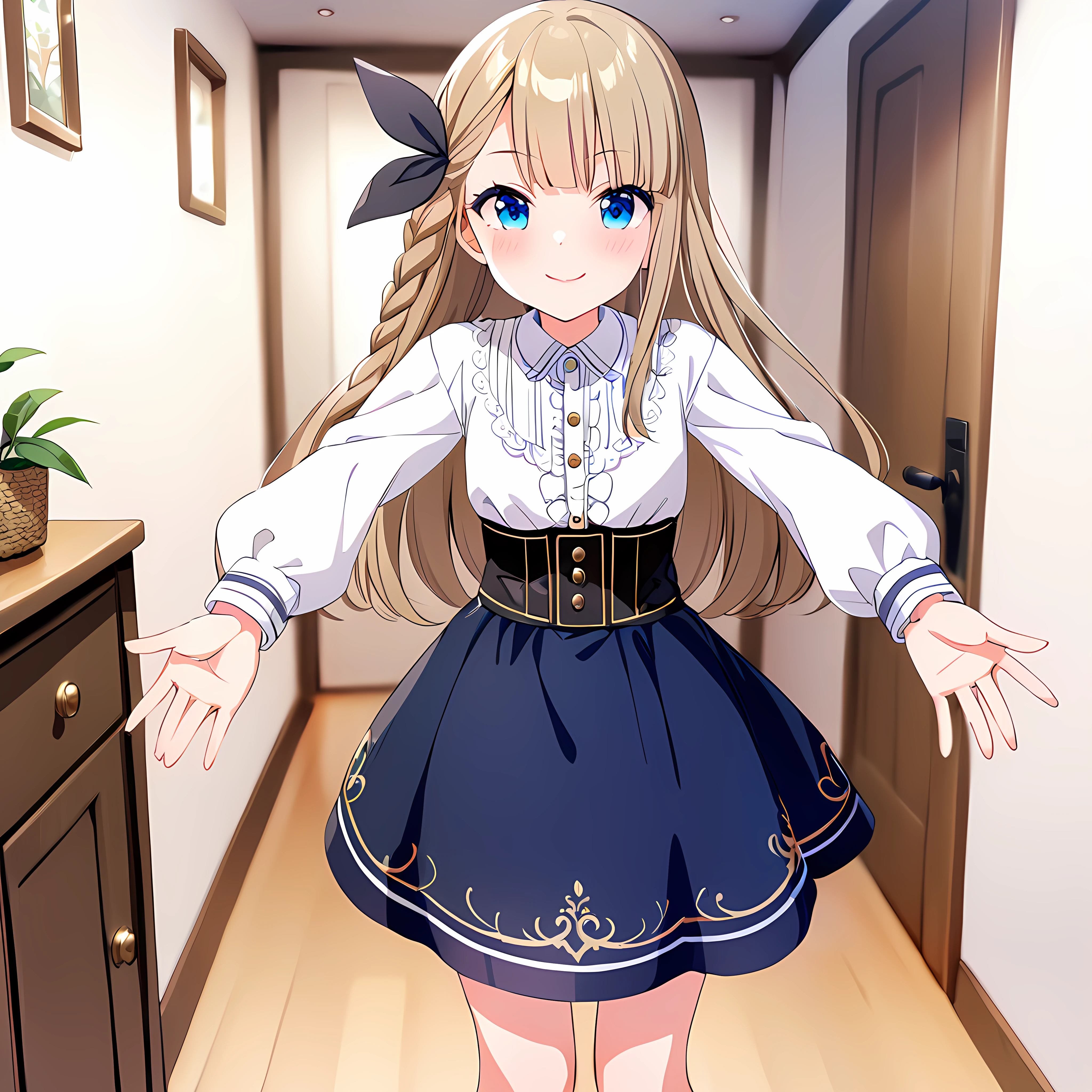 masterpiece,nfsw,home,indoor,
narumiya suzu, 1girl, solo, smile, suzu hair ribbon, suzucasual shirt, suzucasual skirt, suzu corset, ankle boots, outstretched arms, looking at viewer, blush, standing, closed mouth,