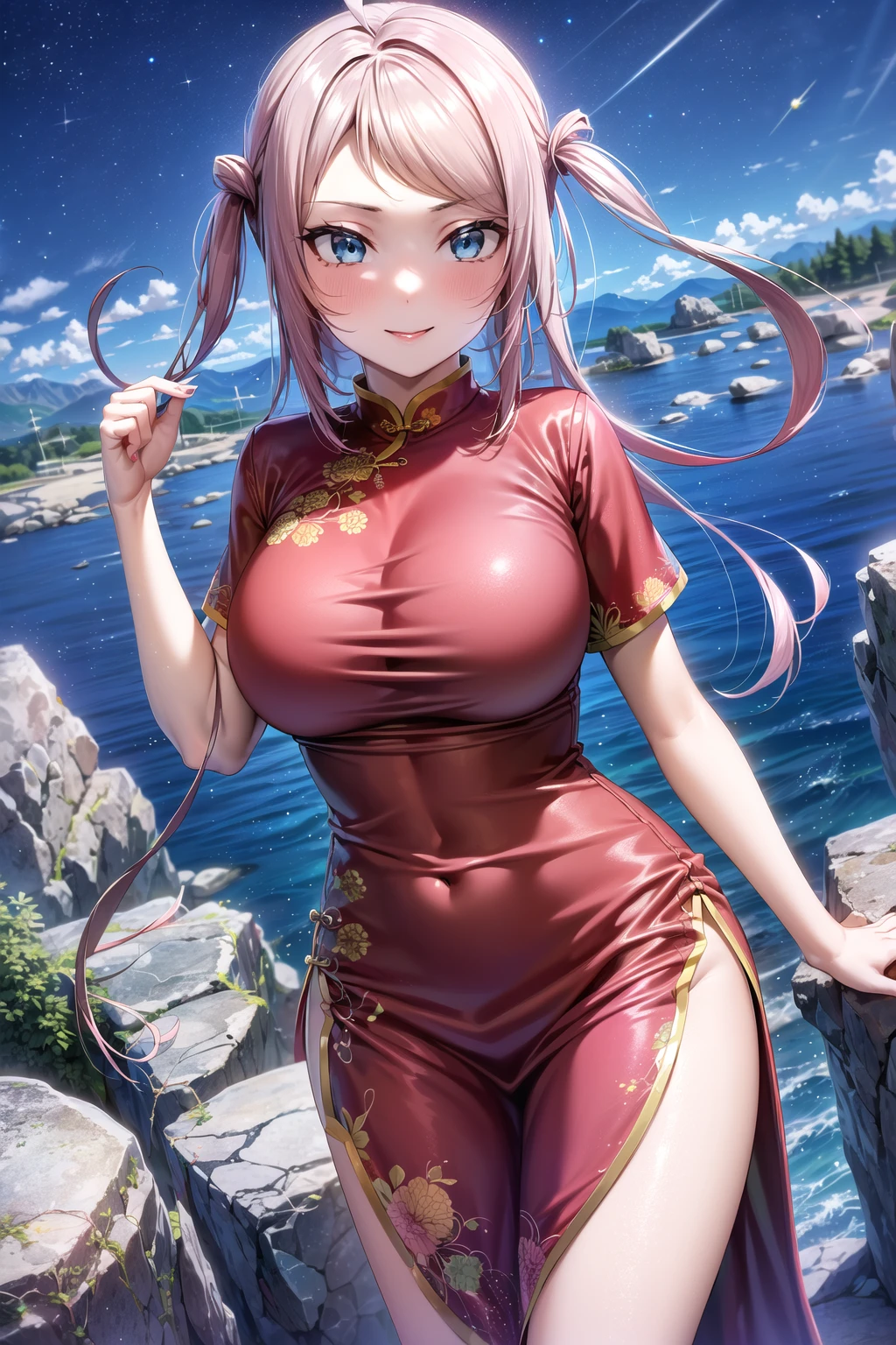 <lora:apstyle2:0.75> apstyle3 apstyle masterpiece best quality detailed eyes masterpiece best quality
1girl,  lanzhu zhong, long hair, ahoge, blue eyes, bangs, pink hair, two side up, (large breasts:1.1),<lora:Lanzhu-0822:1>, medium hair, cowboy shot, standing, seductive smile, solo
(blue dress, chinese dress, short sleeves:1.2)
(lake, mountains, rock, star \(sky\), night, night sky, rocks:1.3) 
<lora:detail_slider_v4:0.75>  <lora:more_details:0.3> ah1  <lora:1651489307798708599:0.2>,  <lora:GoodHands-vanilla:1>