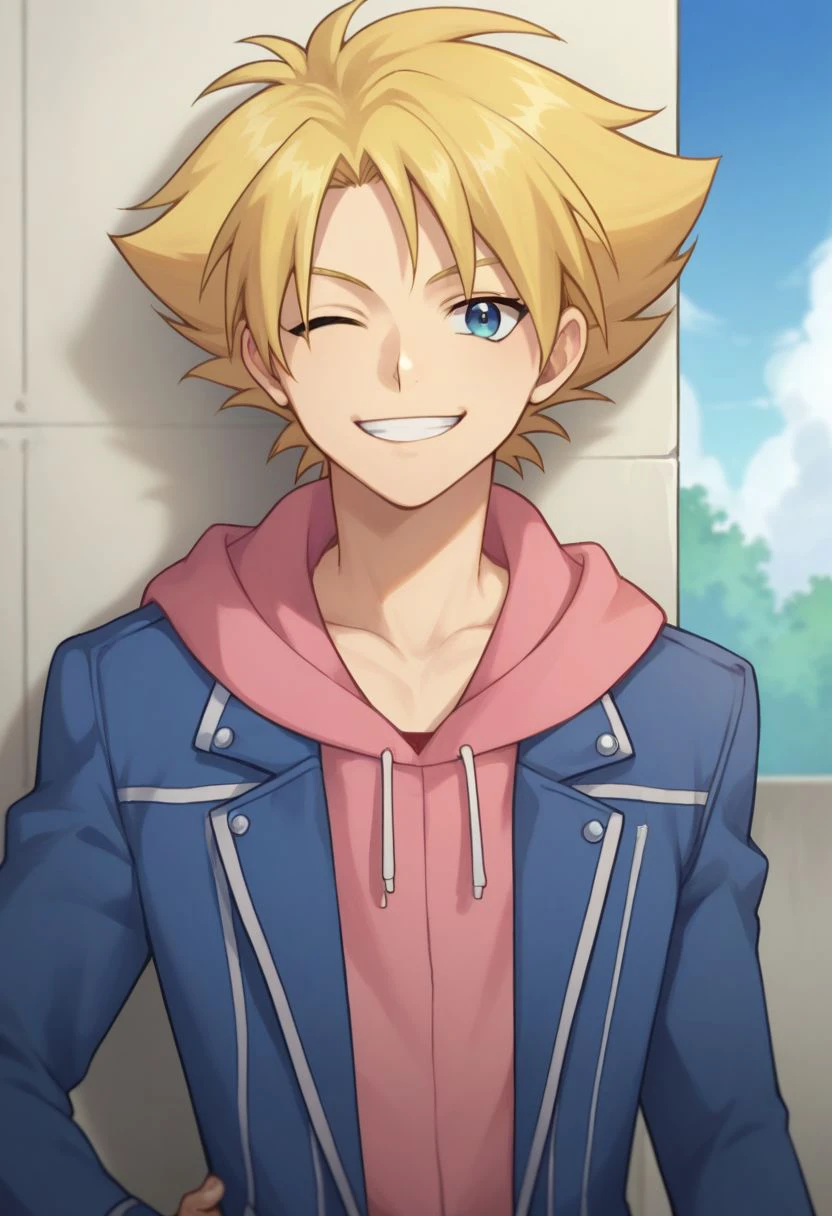 score_9, score_8_up, score_7_up, source_anime, highly detailed, 
taishi, male focus, 1boy, solo, blonde hair, hood, hoodie, pink hoodie, jacket, blue eyes, looking at viewer, hand on hip, upper body, smile, grin, wink,
outdoor, sky,