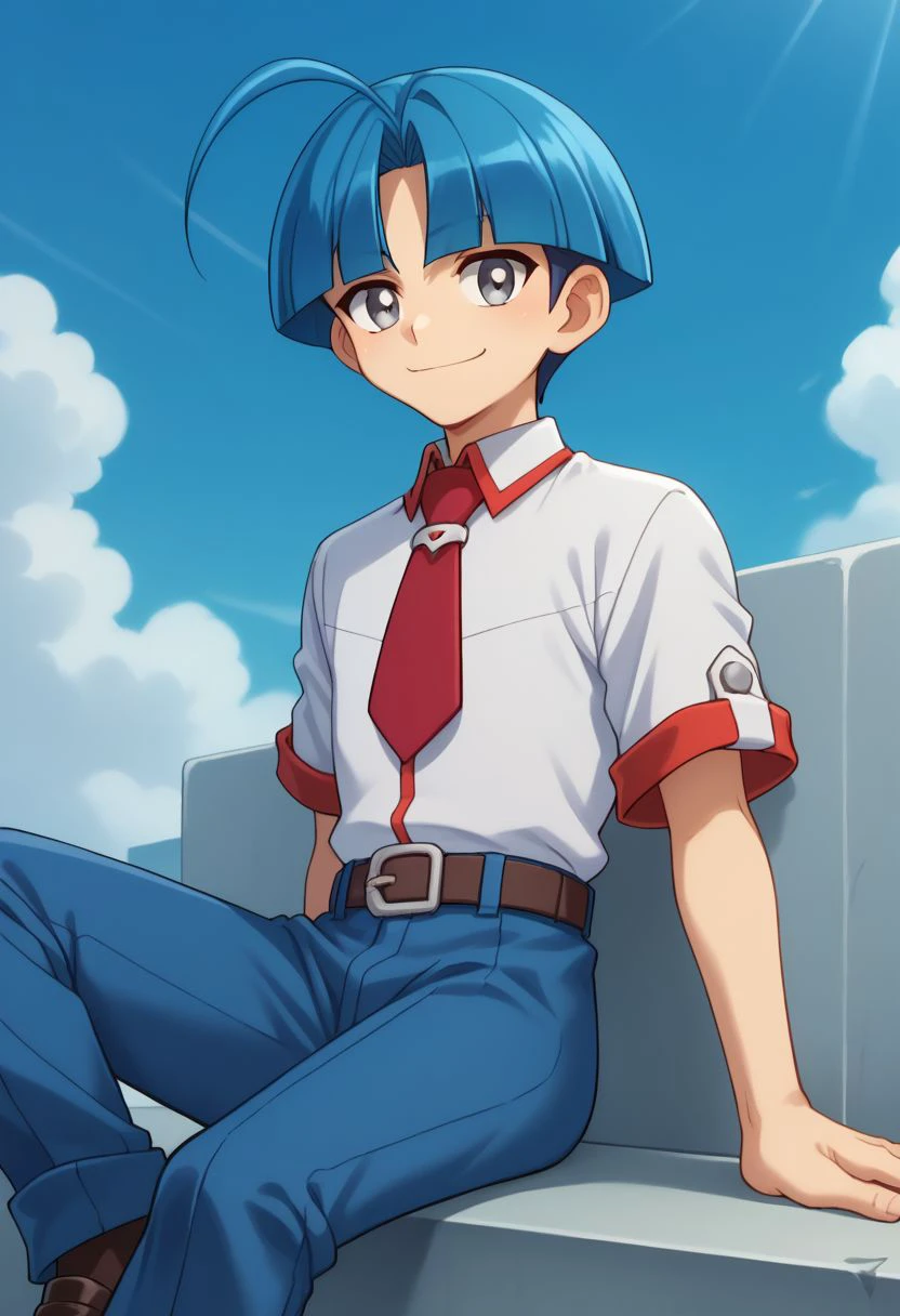 score_9, score_8_up, score_7_up, source_anime, highly detailed, 
caswell, 1boy, male focus, solo, blue hair, necktie, ahoge, red necktie, grey eyes, belt, shirt, school uniform, bangs,  blue pants, pants, white shirt, shoes, loafers, smile, close mouth,
outdoor, sky, sit,