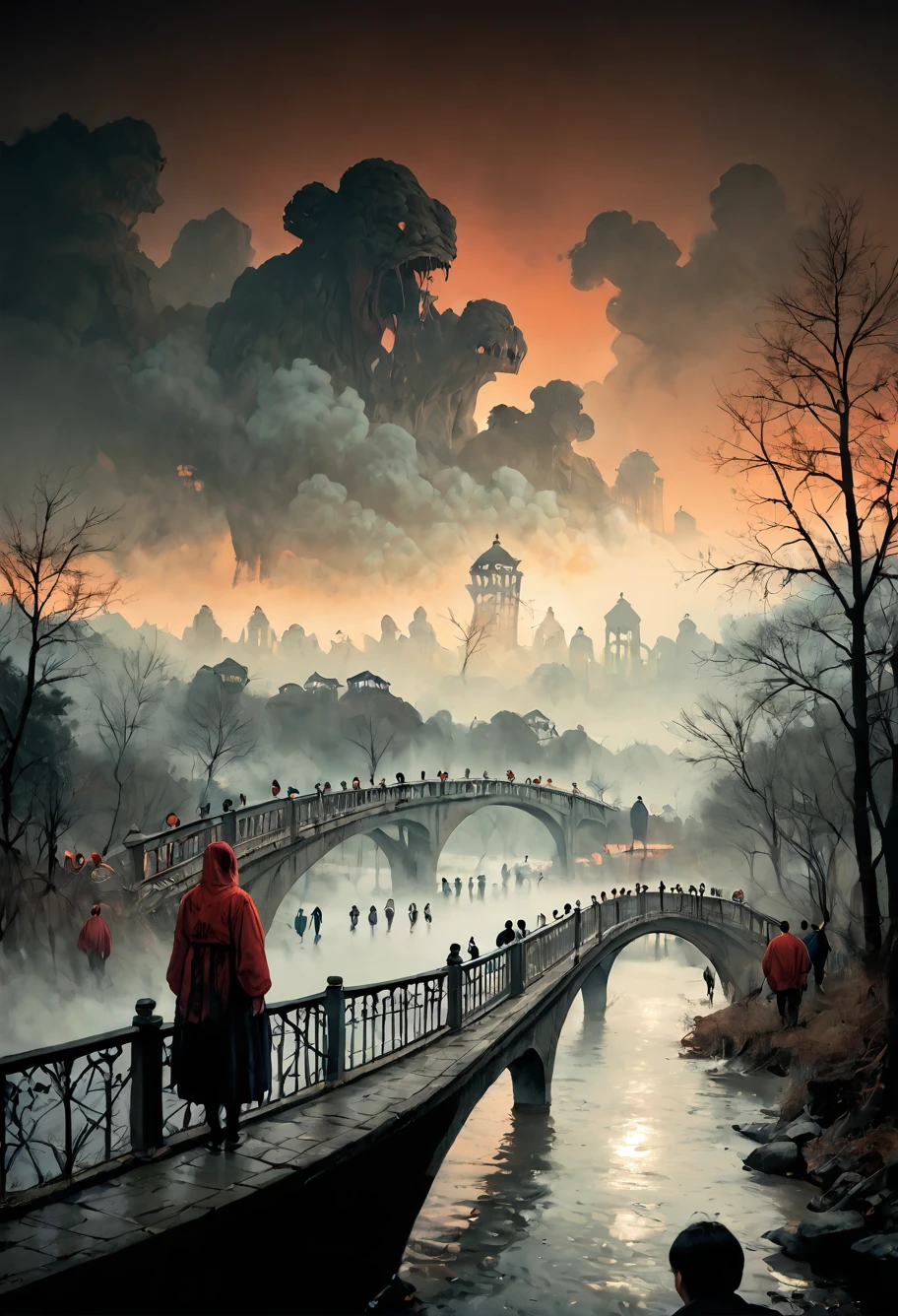 score_9,score_8_up,score_7_up,8k,,ruanyi0698,bridge,red sky,fog,river,horror theme,crowd,<lora:0698 Naihe Bridge_v1_pony:1>