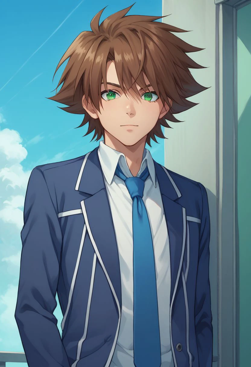 score_9, score_8_up, score_7_up, source_anime, highly detailed, 
kai, 1boy, brown hair, solo, green eyes, male focus, necktie, school uniform, blue necktie, blazer, jacket, upper body, shirt, looking at viewer,
outdoor, sky, portrait,