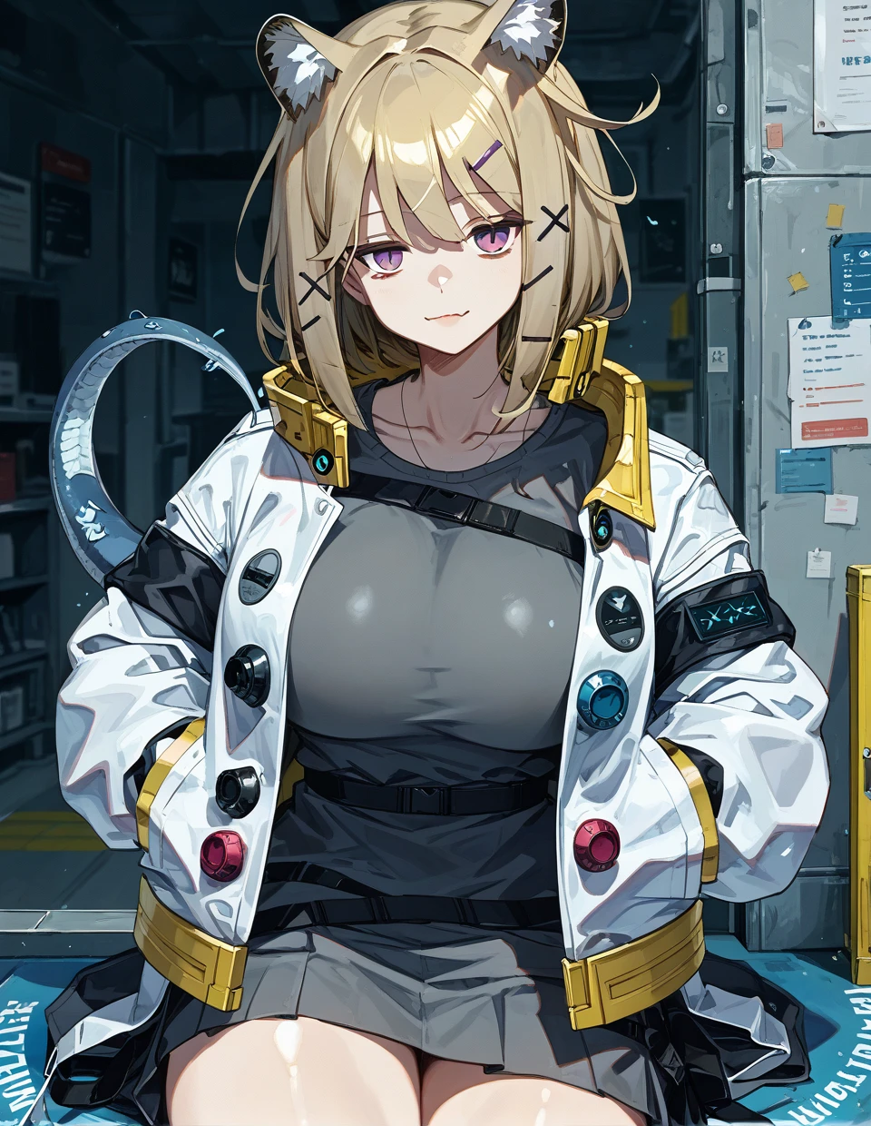 1girl,solo,<lora:utage(arknights)_pony:1>,utage(arknights),blonde hair,purple eyes,animal ears,animal ear fluff,hair ornament,hairclip,large breasts,tail,
jacket,white jacket,bangs,long sleeves,open clothes,open jacket,shirt,black shirt,jewelry,zettai ryouiki,thighs,, score_9,score_8_up,score_7_up,source_anime,masterpiece,best quality,perfect anatomy,very aesthetic,absurdres,