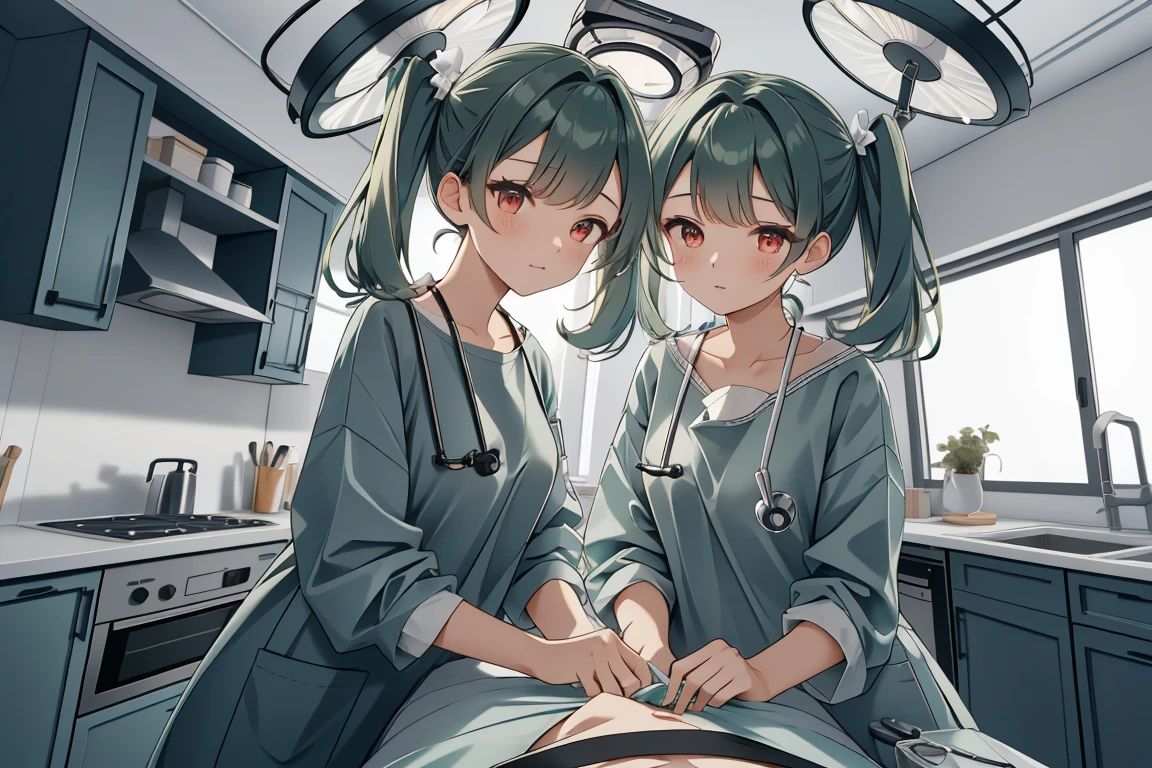 (RAW photo, best quality,facing the viewer,from front), operating room, overhead surgical light,blurred background, focused, dithering,backlighting,
 <lora:CM_Scene_Surgery_Homemade_V2.0-000007:0.85> scene_homemadesurg, surgical mask, multiple girls, intravenous drip, doctor,
 <lora:Clare Sniders:0.7>clare sniders, oc ch9, 1girl, hair ornament, red eyes, twintails, hairclip, swept bangs, hair over shoulder, dark green hair, medium hair, small breasts, sidelocks,