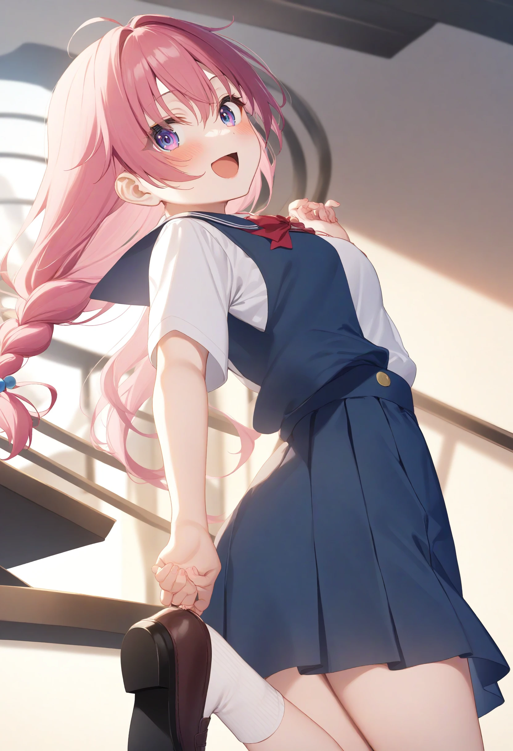 1girl,sincos, ningen mame, toosaka asagi,solo,medium breasts,school uniform,
adjusting footwear,adjusting clothes,putting on shoes,shoes,<lora:adjustingfootwear_XL_v1:0.8>
from side, cowboy shot, looking ahead, pink hair, pink eyes,teasing smile, spiral staircase, open mouth, braid hair,,
best quality, very aesthetic, absurdres