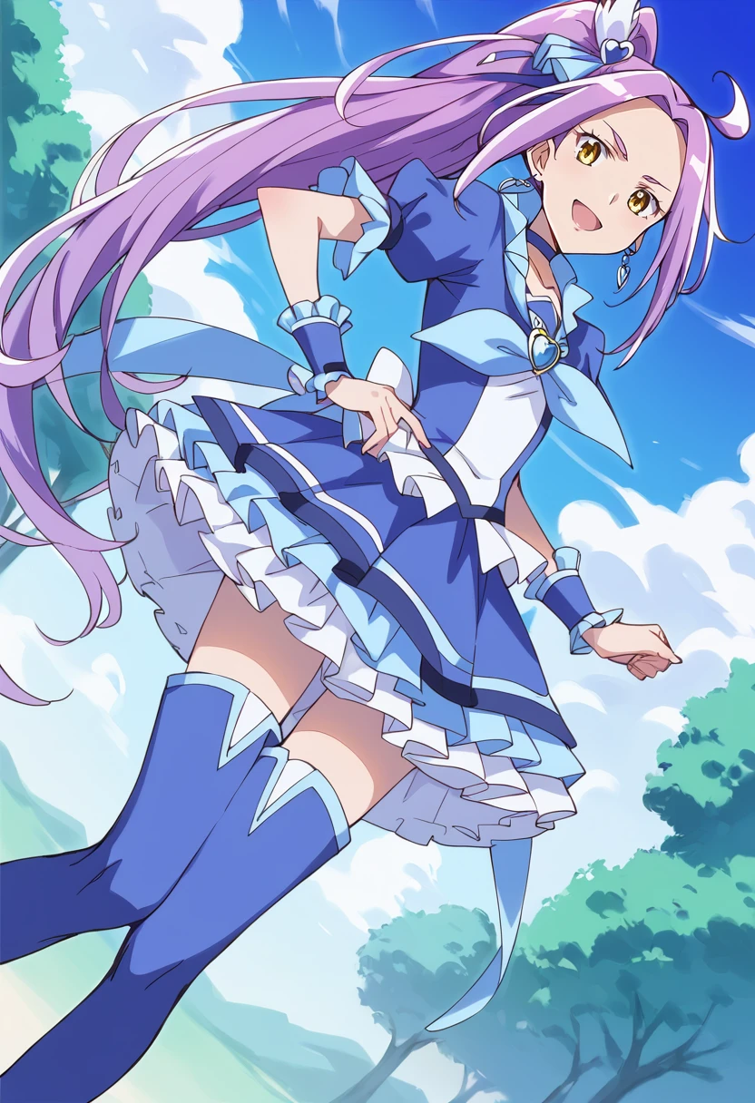 score_9, score_8_up, score_7_up, source_anime BREAK
cure beat, 1girl, purple hair, yellow eyes, solo, jewelry, wrist cuffs, blue skirt, frills, brooch, eyelashes, ponytail, earrings, side ponytail, dutch angle, blue choker, heart hair ornament, hair ribbon, outdoors, smile, blue dress, open mouth, very long hair, shiny hair, frown, looking at viewer, blue neckerchief, high ponytail, hairpin, anime coloring, standing, sidelocks, puffy short sleeves, frilled sleeves, arm warmers, layered skirt, upper body, ahoge, parted bangs, blue shirt, frilled skirt, from below, miniskirt, from below, blue legwear, blue thighhighs, blue footwear, knee boots, high heels
<lora:cure_beat_kurokawa_eren_sdxl_locon_pony_v1:0.7>