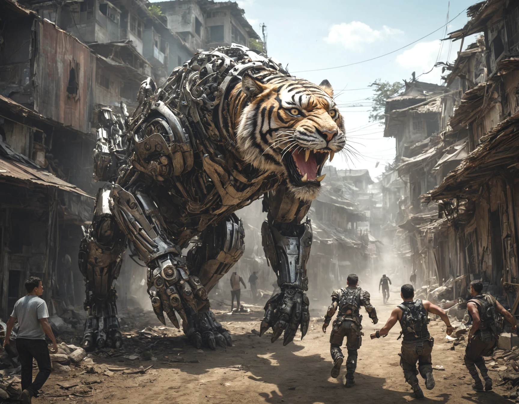 mechanical-tiger rampaging through a jungle village, buildings made out of scrap metal, wide angle, running people, futuristic tribal, intricate, action scene, photograph, robot-animals <lora:d3t41l3dXLP:.2> <lora:add-detail-xl:.2>