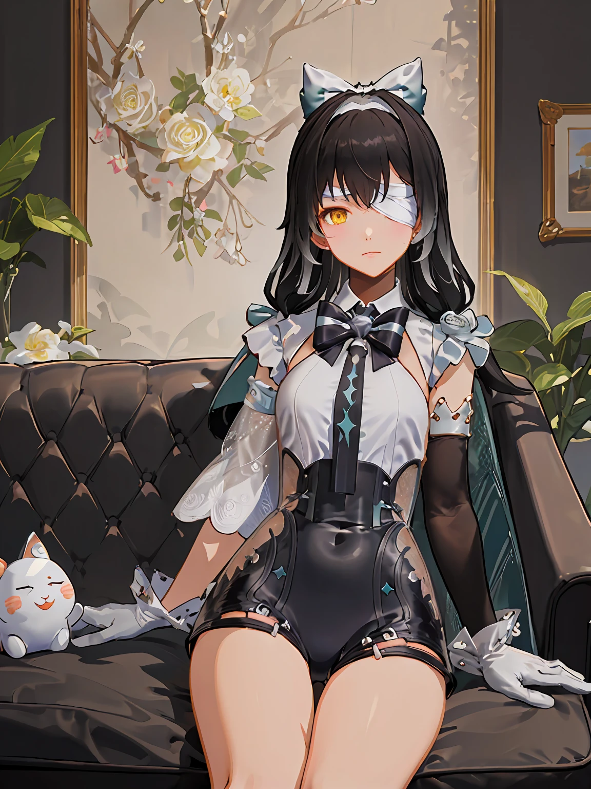 MAUXIR, leotard, asymmetrical_sleeves,  single_gloves,  bowtie, hair_bow, yellow_eyes, eyepatch, two-tone_hair,  long hair,  black hair,  cowboy shot,  1girl, solo,  looking at viewer, sitting on sofa,  day, indoors,  (masterpiece,best quality,beautiful and aesthetic:1.2), <lora:MAUXIR-V3:1>