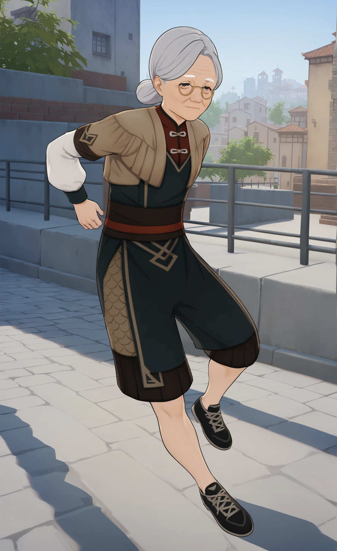 8k, best quality, masterpiece, (ultra-detailed), (high detailed skin),
<lora:ping-gui-A3-Tanger:0.8>, ( pingll, pingll's def clothes:1.3), old woman, old, 1girl, grey hair, black footwear, pingll's dress,
An elderly woman, dressed in athletic gear, deftly navigates an urban landscape. She jumps over railings, scales walls, and vaults over obstacles with surprising agility. Her face is focused and determined as she moves swiftly through the streets, drawing amazed looks from onlookers. The city's graffiti-covered walls and concrete structures form a dynamic backdrop to her impressive parkour skills.,