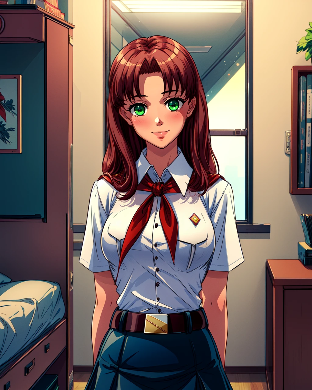 masterpiece, high quality, blolga, 1girl, standing, medium shot, upper body, green eyes, brown hair, looking at viewer, white shirt, red badge on shirt, red bow-tied neckerchief, leather belt, blue skirt, hands behind back, indoors, room, night, light smile, <lora:blolga:0.75>, <lora:add_detail:1>