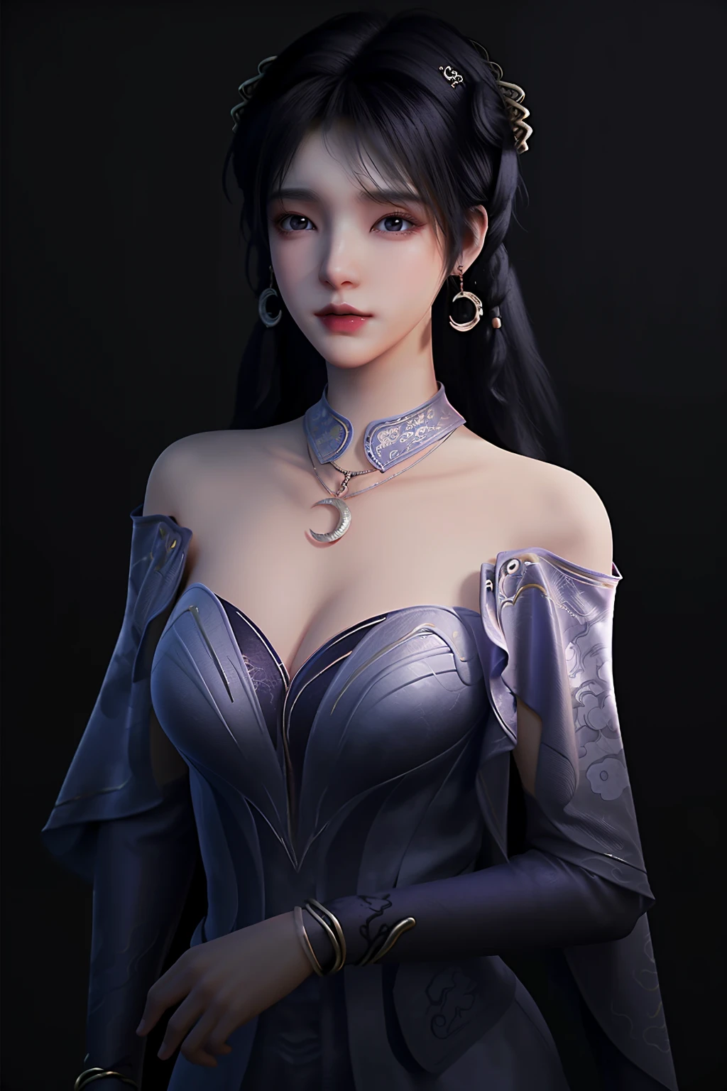 <lora:JiZiyueV2-000001:1>,jiziyue,1girl,solo,jewelry,earrings,black hair,long hair,realistic,crescent,breasts,crescent earrings,dress,necklace,bare shoulders,lips,upper body,looking at viewer,simple background,cleavage,black background,