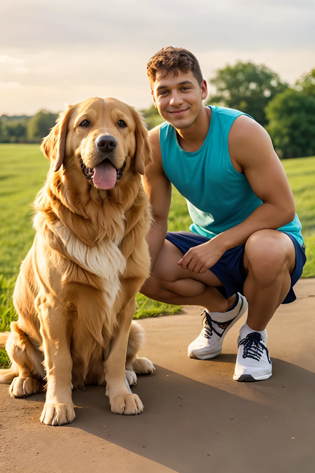 dog and man, wide angle
ADDBASE pleasant summer evening in the grass in city park, pond in the background
ADDCOMM Golden retriever dog, sitting  <g0ld3n>
ADDCOL smiling, FelixFox wearing tank top, shorts, socks, sneakers <lora:FelixFox:0.8>