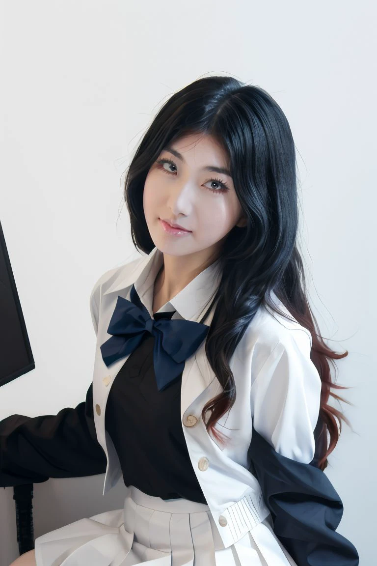 1girl, solo, small breasts, looking at viewer, realistic, photorealistic, black hair, long hair, black eyes, lips, hyper detailed, super sharp, crisp, smooth, smooth gradients, depth of field, (in studio: 1.1), (white background: 1.1), <lora:little_q:1> , <lora:breastsizeslideroffset:-0.3>, <lora:add_detail_v5:1>, black shirt, blue bow, bow, frills, jacket, white jacket, long sleeves, pleated skirt, school uniform, shirt, skirt, white skirt, zettai ryouiki,