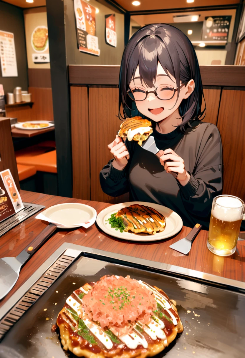 masterpiece, best quality, very aesthetic, absurdres,
1girl, glasses, black hair, open mouth, eating, TEKOKOTE, holding TEKOKOTE, closed eyes, pov across table, sitting, plate, table, scenery, okonomiyaki, Teppan, food, restaurant, beer mug, holding, smile, indoors,
 <lora:okonomiyaki_SDXL_V4:1>