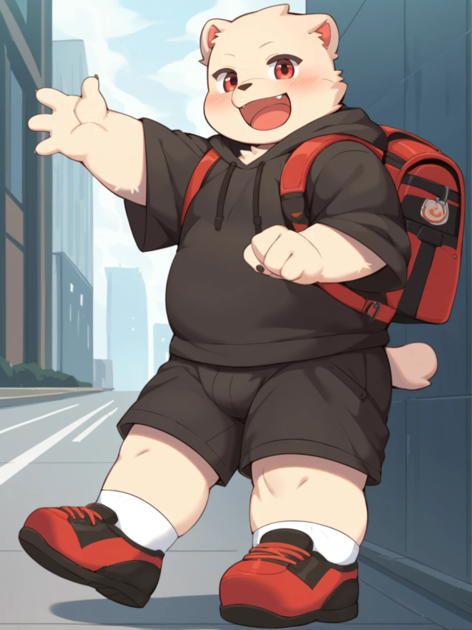 M0kiArt1,1boy,1kyorx,looking at viewer, bear boy,white fur,on city, city background,wearing black hoodie,red short, shoes, white socks,happy, blush, red eyes,dynamic pose, cowboy shot,plump,score_9, score_8_up, score_7_up,sharp,hd,sharp focus, clear image, 4 finger, backpack, full body,