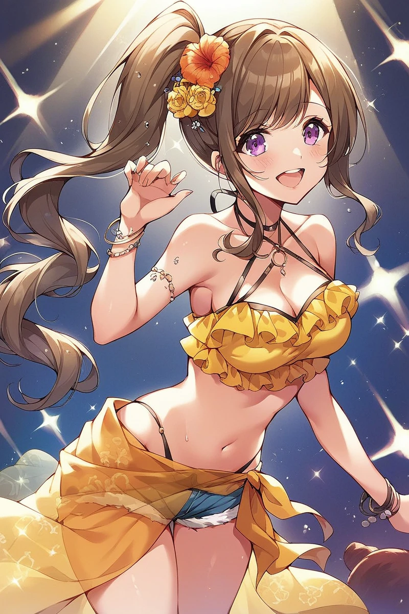 score_9, score_8_up, score_7_up, score_6_up, 1girl,
 <lora:Mizushima_Marika_r2:0.9> marika, brown hair, purple eyes, long hair, side ponytail, hair flower, cleavage, lowleg microshorts, thong, halter, yellow ruffled blouse, navel, open shoulders, transparent sarong, color lights, club stage, bent forward,