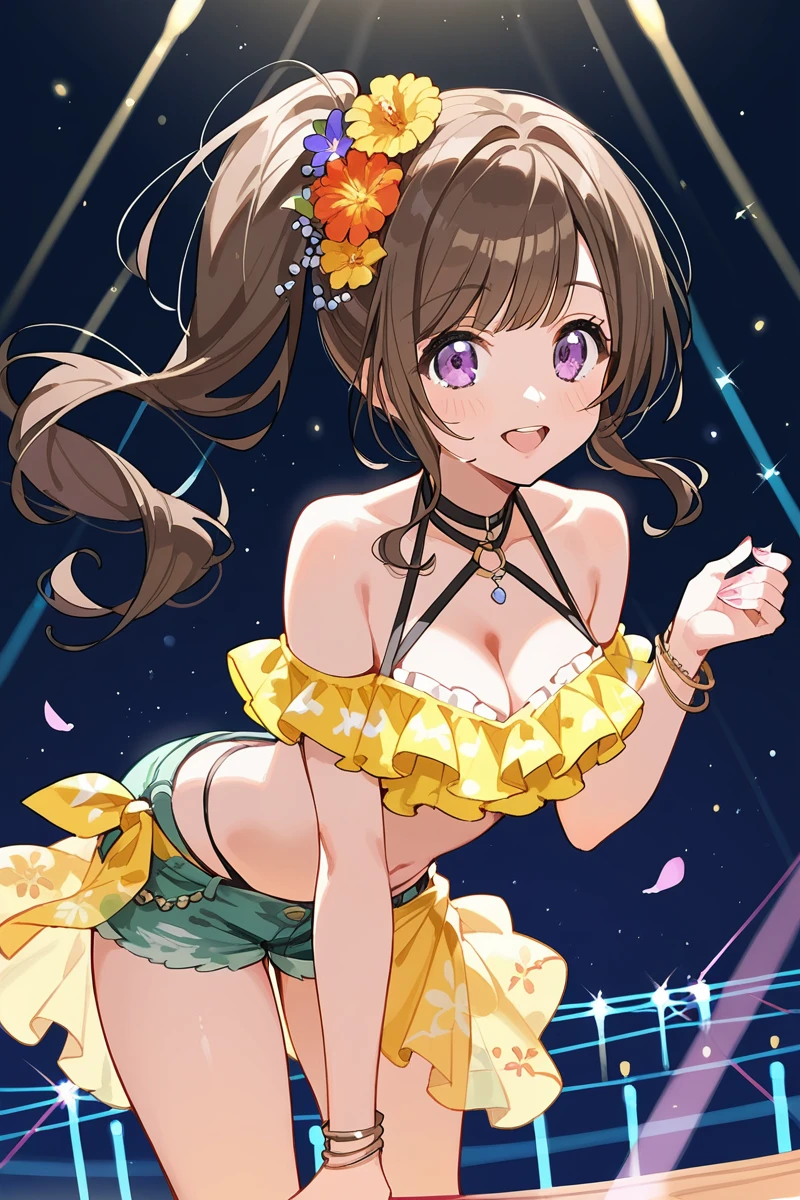 score_9, score_8_up, score_7_up, score_6_up, 1girl,
 <lora:Mizushima_Marika_r2:0.9> marika, brown hair, purple eyes, long hair, side ponytail, hair flower, cleavage, lowleg microshorts, thong, halter, yellow ruffled blouse, navel, open shoulders, transparent sarong, color lights, club stage, bent forward,