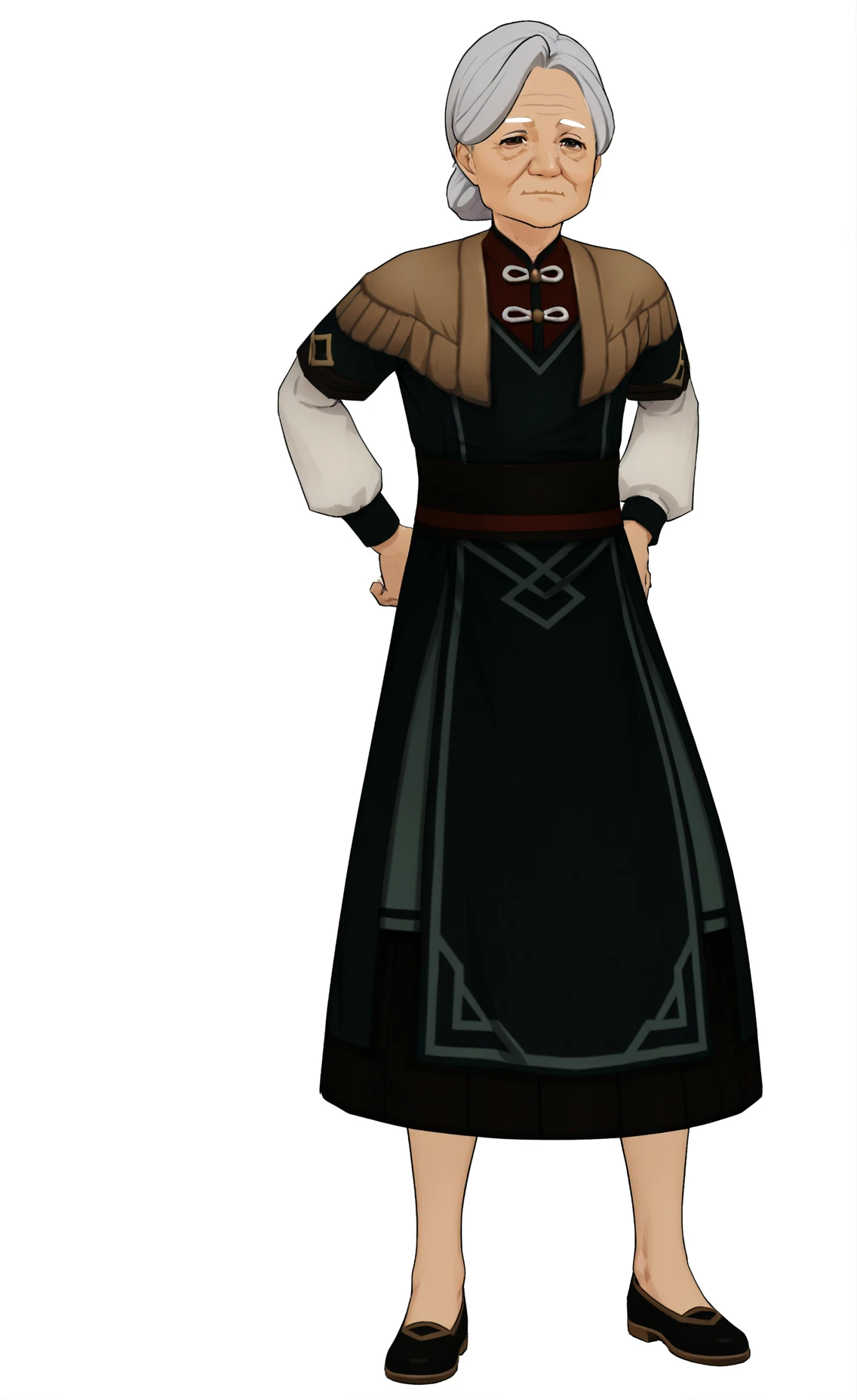 8k, best quality, masterpiece, (ultra-detailed), (high detailed skin), (white background:1.5),
(full body), (white background), standing, (looking at viewer:1.2), (solo), hand on own hip,
<lora:ping-gui-A3-Tanger:0.8>, pingll, pingll's def clothes, old woman, old, 1girl, grey hair, black footwear, pingll's dress,
full_shot,