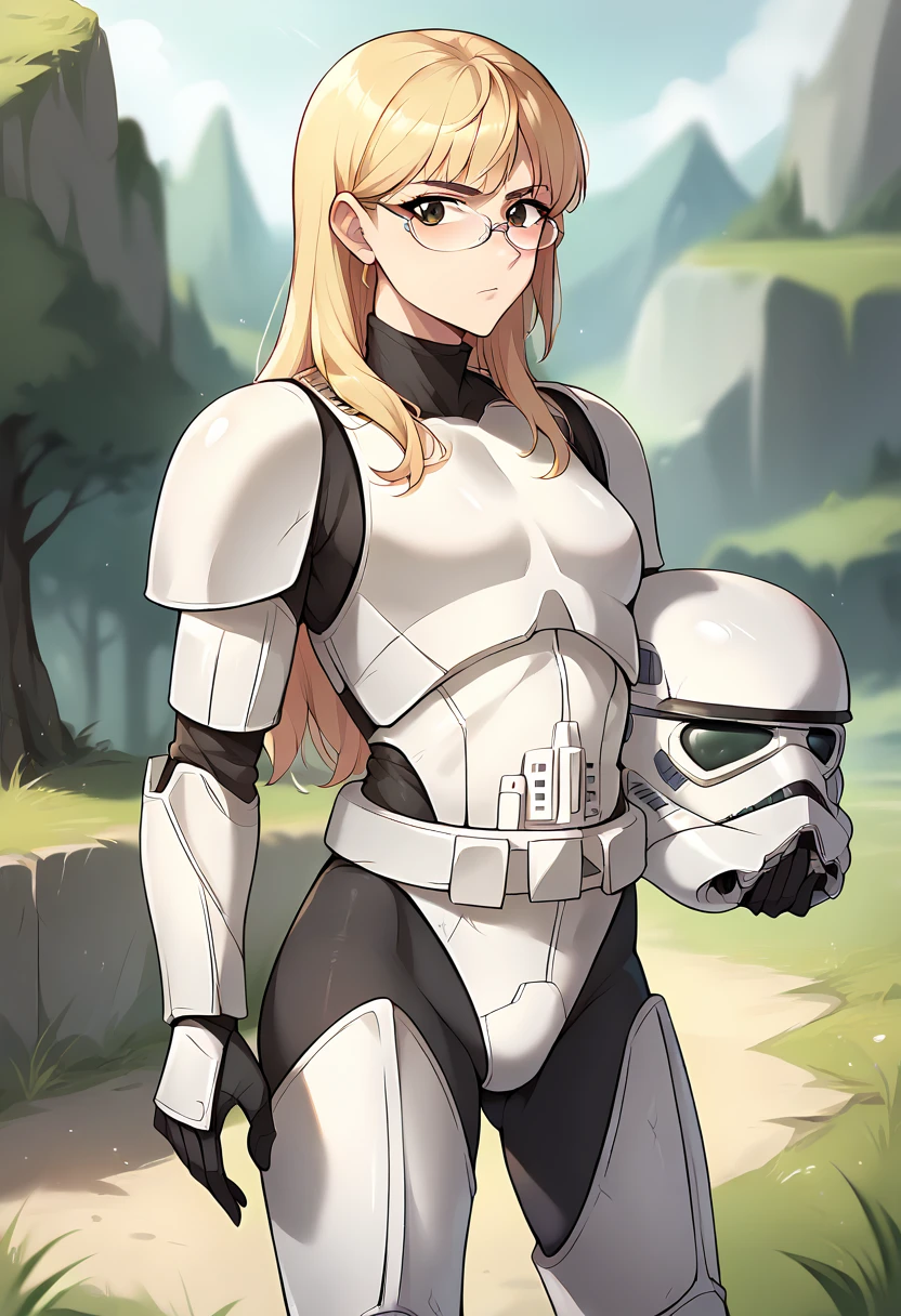 score_9, score_8_up, score_7_up, source_anime, masterpiece, 1girl, solo, ctianperrine, ctiantk421, armor, leotard, bodysuit, greaves, black gloves, looking at viewer, helmet removed, outdoors, holding helmet, <lora:Stormtrooper_tk421_pony_clothing_ct:0.7>, glasses,  <lora:Perrine_Strike_Witches_Pony_ct:0.8>