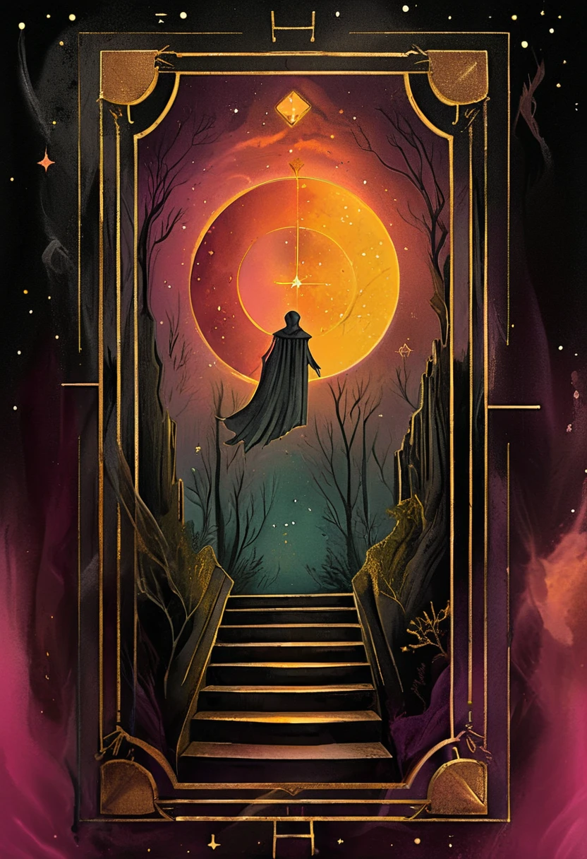 <lora:artTCGLOGO_r1:1>, arttcglg, logo for a trading card game representing the major arcana of the tarot, the subject is a cloaked silhuetted person climbing a set of stairs into a dark a gloomy forest surrounded by golden rectangles that emulate a doorway, there is a large celestial body and stars, smoke and beautiful colors