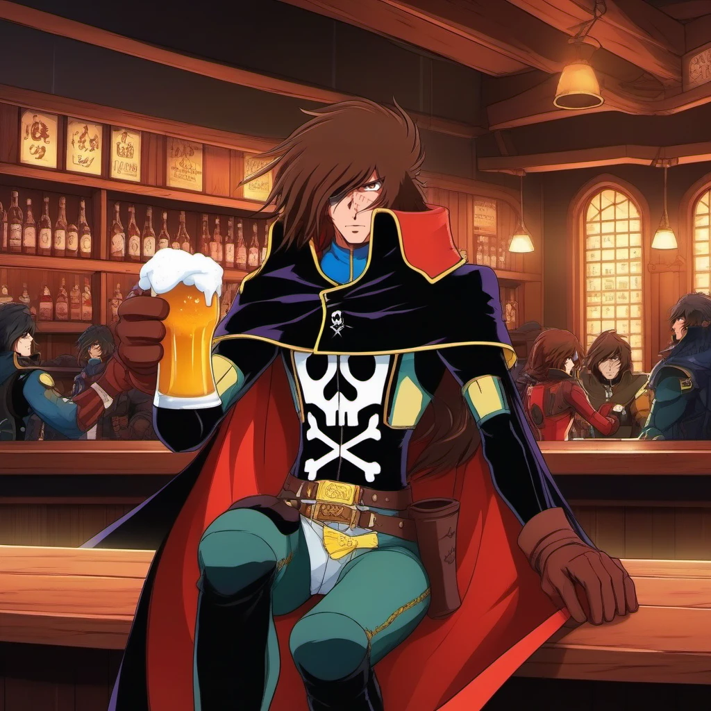 anime artwork a full body man, solo, cape, brown hair,  scar, black gloves, having a beer in a spaceopera tavern<lora:Albator1024_r1:0.8> . anime style, key visual, vibrant, studio anime,  highly detailed