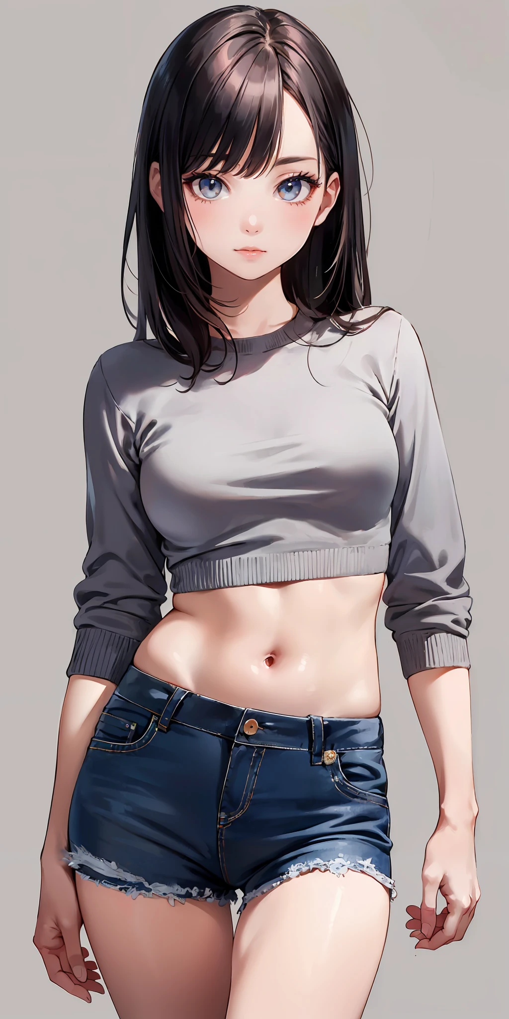 masterpiece,ultra-detailed,best quality,8K,illustration,cute face,clean skin ,shiny hair,
girl,simple background,cowboy shot,  <lora:hotpants_SD_V1.0:0.6> hotpants