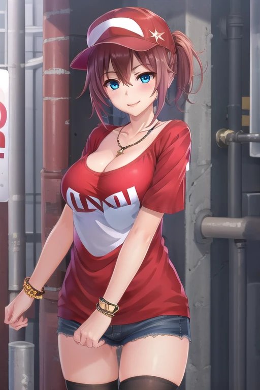 1girl, background, (ranma-chan), blush, red hair, medium breasts, tomboy, one short pigtail, nighttime, hot breath, open mouth, dimmed lighting, standing, city, big ass, wide hips, toned body, wearing slutty prostitute outfit, micro skirt, midriff, prostitute, purple eyeshadow, (detailed fingers), thong peek, tight pink latex top, no bra, 5 fingers, red light, neon light billboards, red-light district, nipple bulge in shirt, pussy juice, (artist: loliconder)