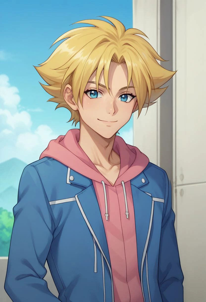 score_9, score_8_up, score_7_up, source_anime, highly detailed, 
taishi, male focus, 1boy, solo, blonde hair, hood, hoodie, pink hoodie, jacket, blue jacket, blue eyes, looking at viewer, upper body, smile, 
outdoor, sky,