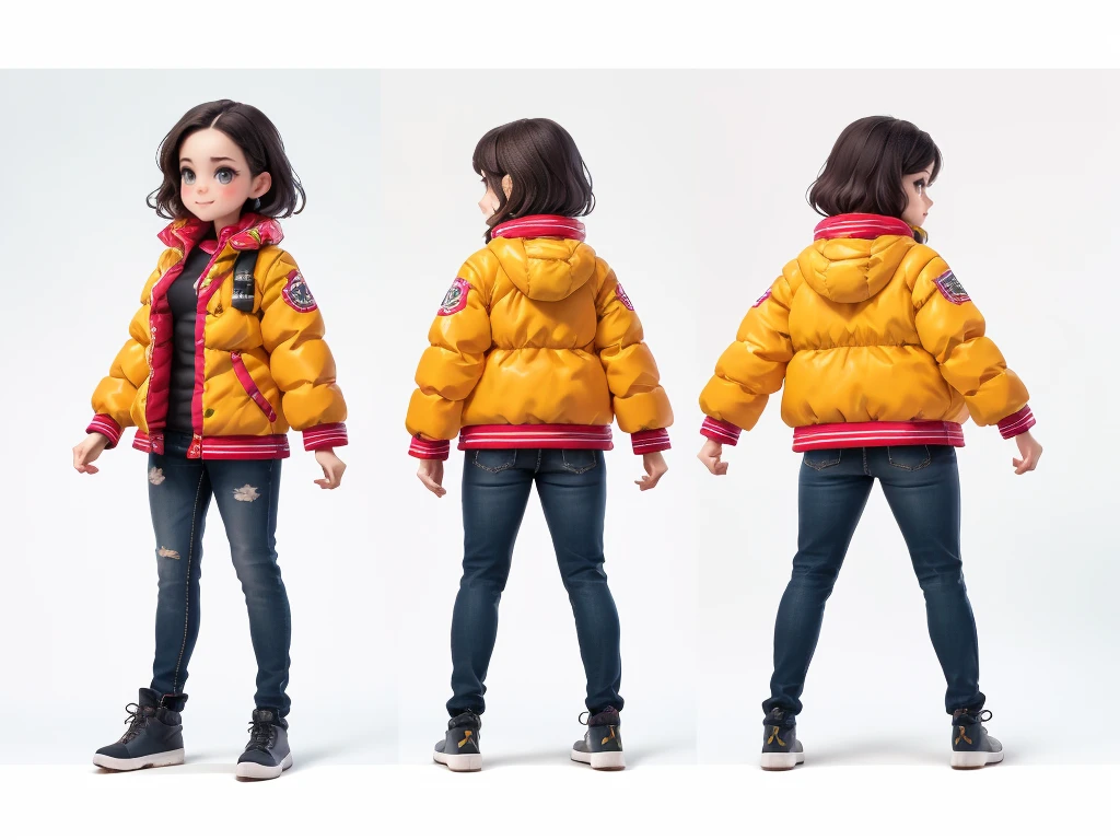 2D Character Concept Design, A cartoon girl, a large northeastern padded jacket, full body, looking at the audience, standing, standing on a circular base, (yielding three views: 1.5, i.e. front, side and back view,) head-to-body ratio of 1:3, clean background, highest quality, masterpiece, meticulous details.