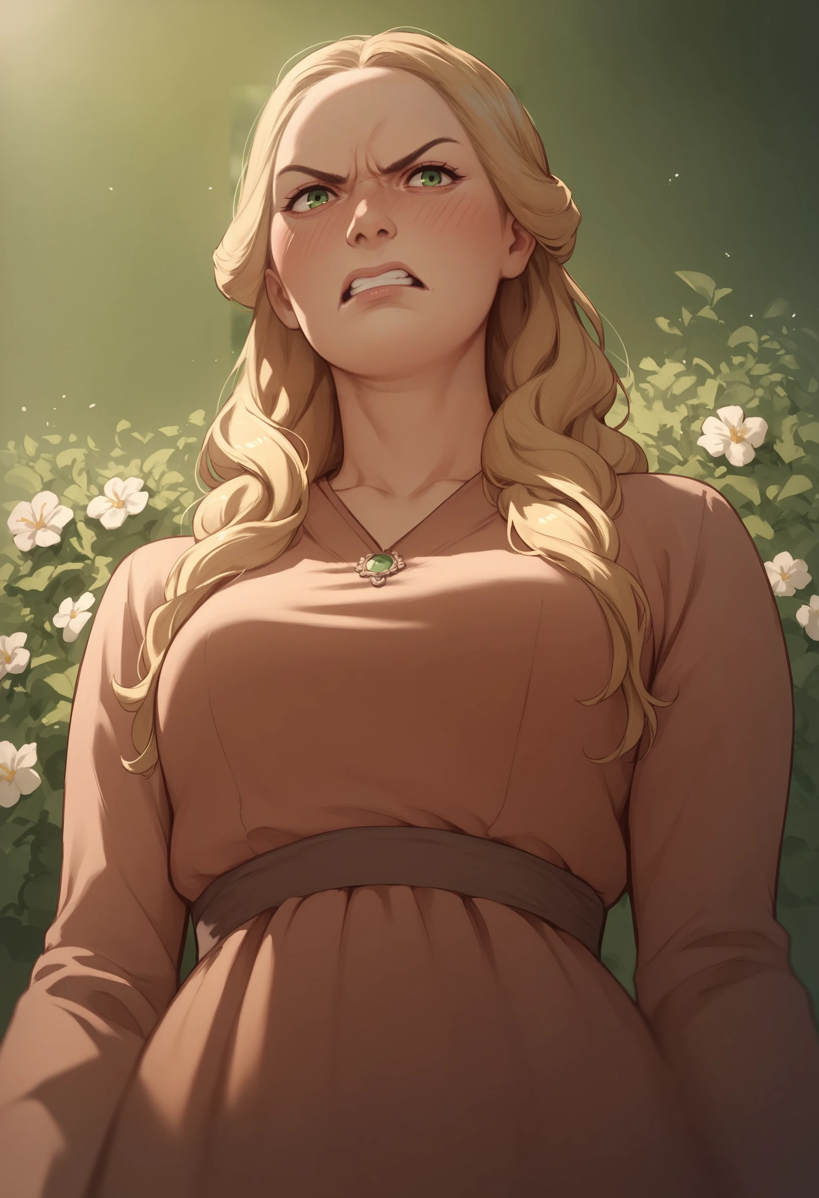 score_9, score_8_up, score_7_up, score_6_up, score_5_up, score_4_up, 1girl, <lora:CerseiLannister_r1:0.9> solo, mature woman, medium breasts, long hair, blonde hair, green eyes, dress, upper body, angry, blush, from below,
garden background, flowers,