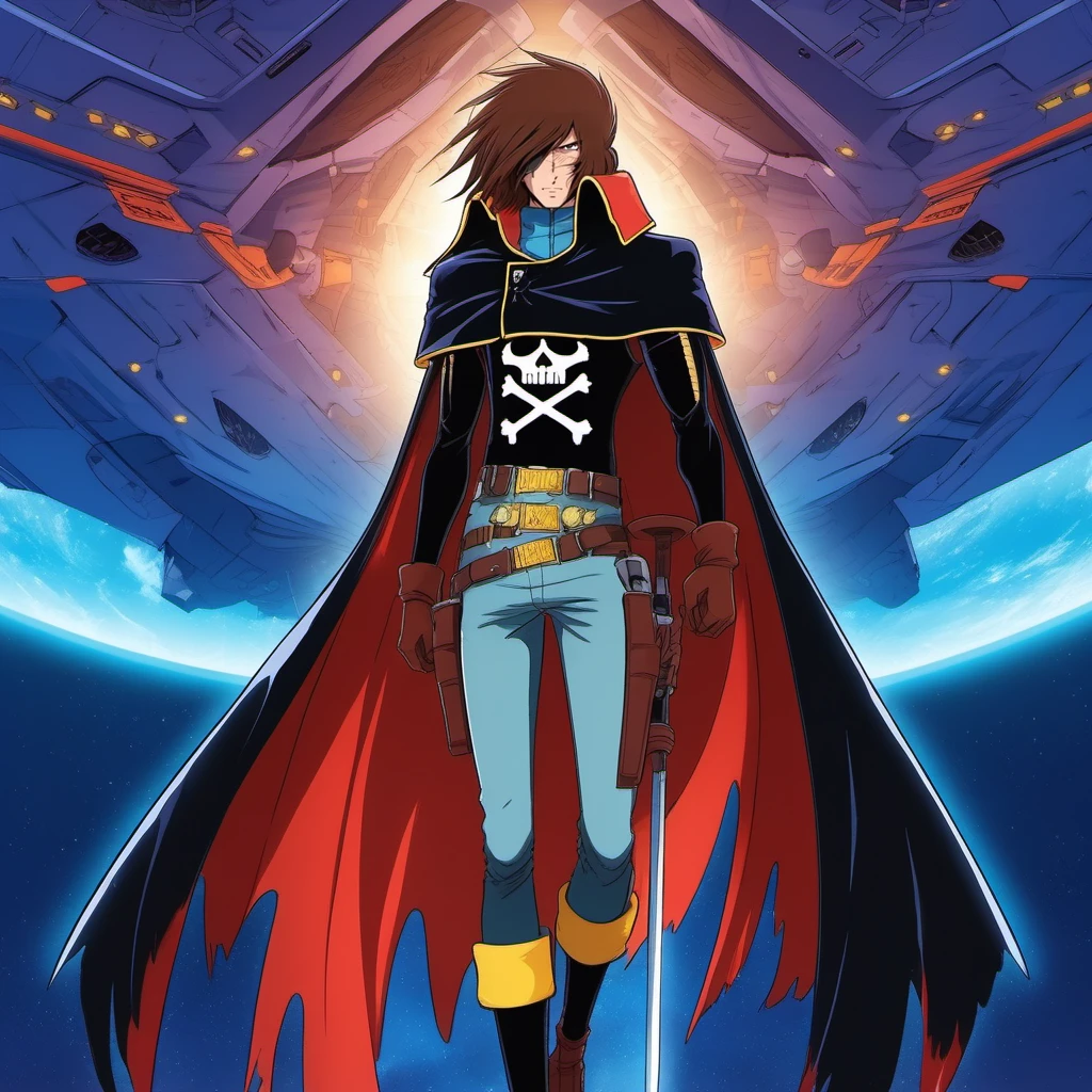 anime artwork a full body man, solo, cape, brown hair,  scar, black gloves,sword, in a spaceship<lora:Albator1024_r1:0.8> . anime style, key visual, vibrant, studio anime,  highly detailed