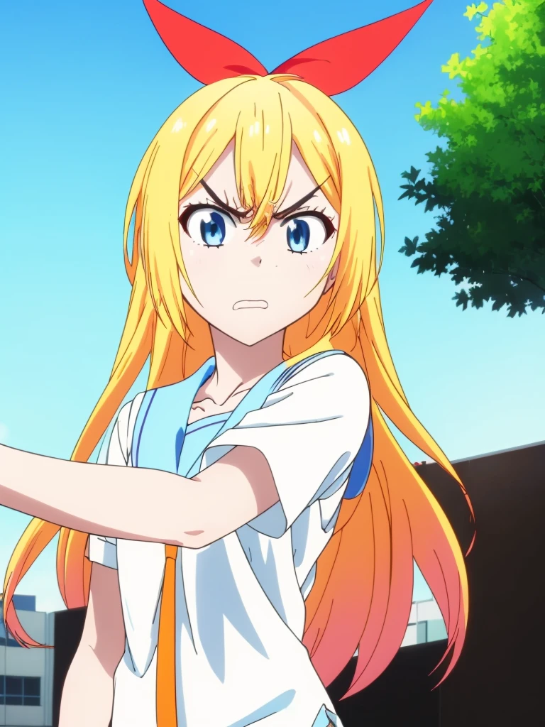 masterpiece, best quality,
anime screencap,
<lora:chitige5:0.9> red hair ribbon, blonde hair, blue eyes, white shirt, serafuku, orange necktie,
<lora:gostlapped.sd15.v1:0.6>, angry, (gostlapped),
1girl,
outdoors,
