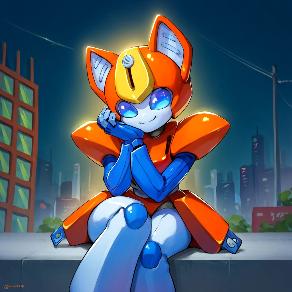 score_9, score_8_up, score_7_up, score_6_up, score_5_up, score_4_up, source_anime,  peppercat, robot, city, sitting on wall, smile, head rest