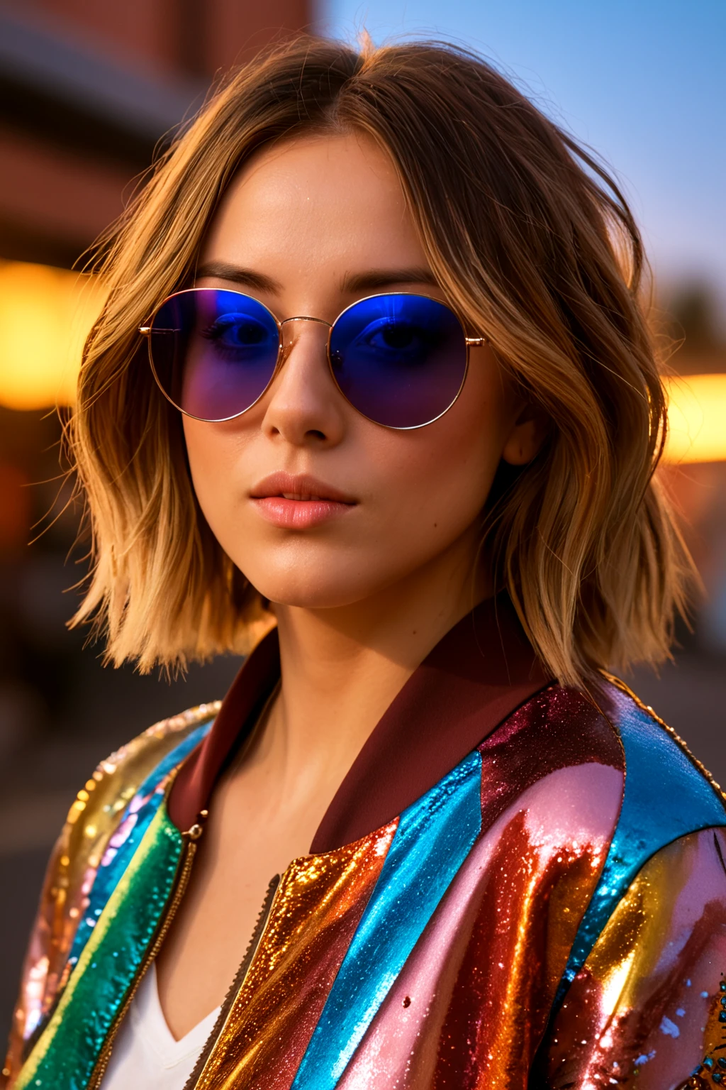 bohemian aesthetic bright, (friarmoody lighting,perfect features,sharp,4k,moist skin,soft cinematic light,soothing tones,soft image,), a woman wearing a shiny jacket and sunglasses posing for a picture, style in digital painting, style digital painting, in style of digital illustration, cinema 4d colorful render, in style of digital painting, vibrant digital painting, colorful digital painting, glossy digital painting, smooth digital art, 3d digital art 4k, full color digital art, smooth. digital painting . free spirited, eclectic, colorful, highly detailed <lora:chl0e_80:.8> chloe, woman