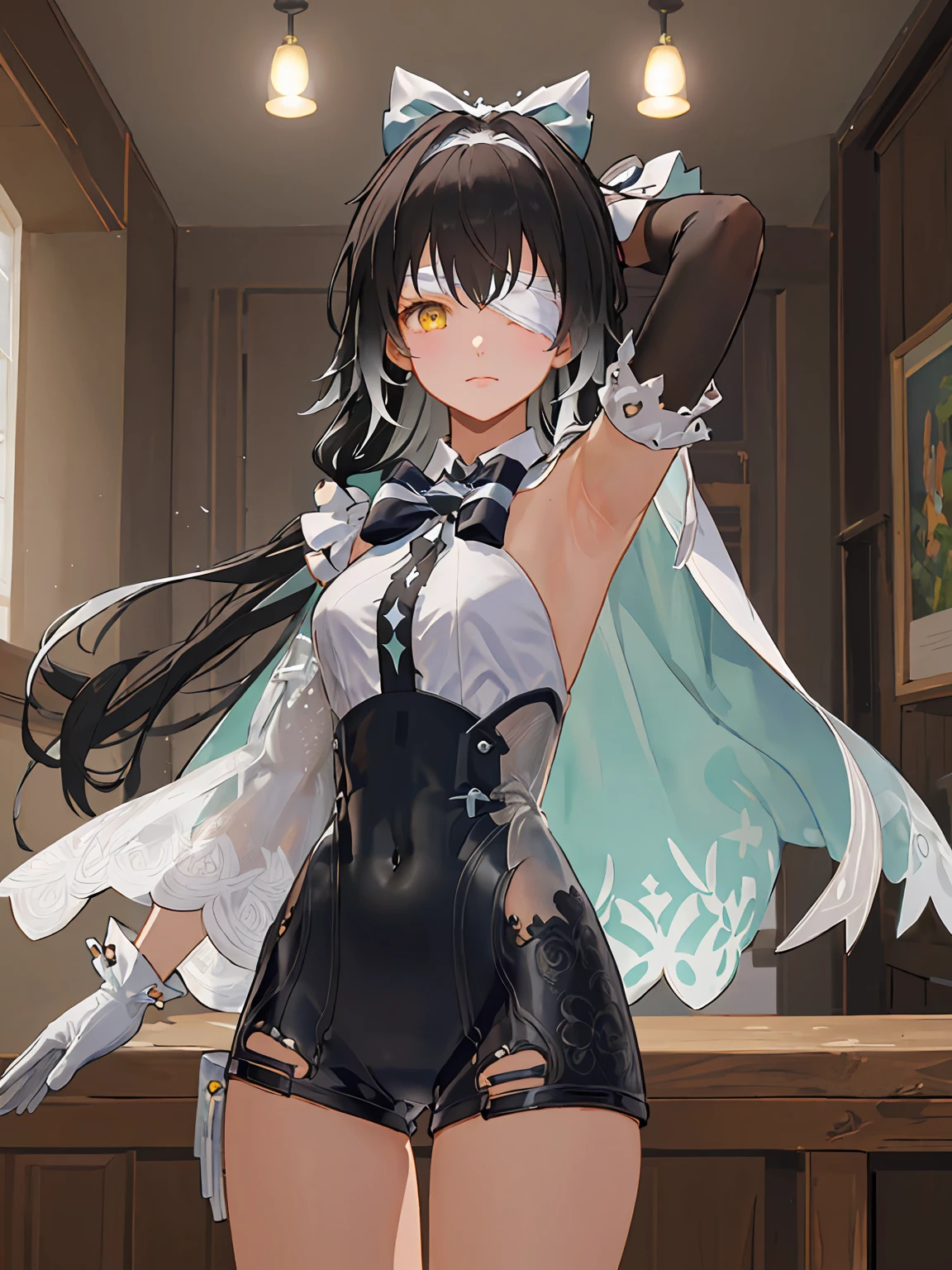 armpits, arm_up,  MAUXIR, leotard, asymmetrical_sleeves,  single_gloves,  bowtie, hair_bow, yellow_eyes, eyepatch, two-tone_hair,  long hair,  black hair,  cowboy shot,  1girl, solo,  looking at viewer, standing,  day, indoors,  (masterpiece,best quality,beautiful and aesthetic:1.2), <lora:MAUXIR-V3:1>