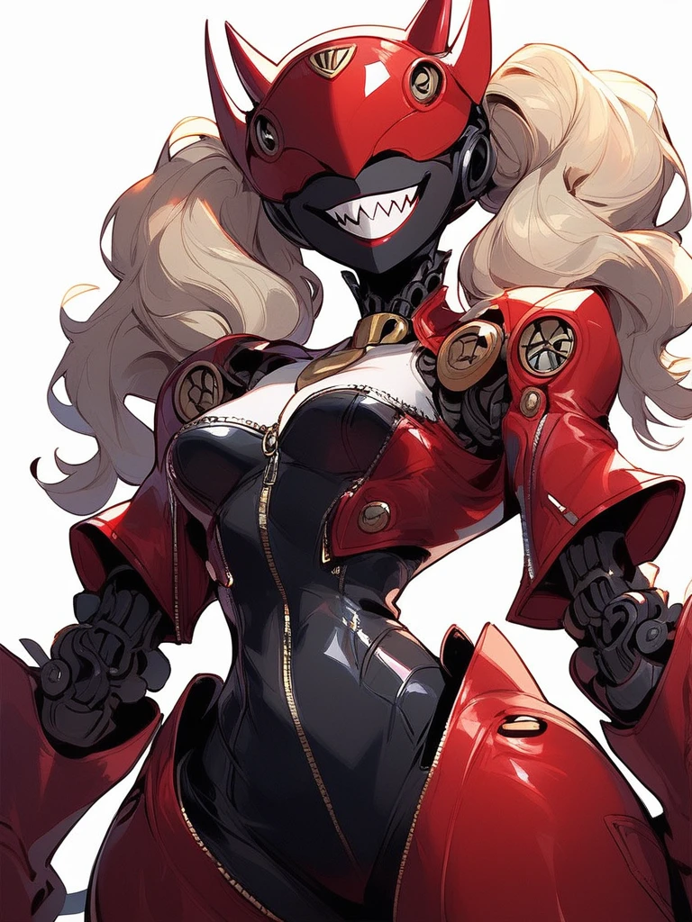 Score_9, score_8_up, score_7_up, score_6_up,  source_anime, 1girl, solo, ann takamaki, persona, robot monster girl, big sharp teeth, mechanical body BREAK, OverallDetail,  <lora:Wild_Mecha_Mix:1>, BREAK, blindfold, black colored skin, wide grin, headgear, horns