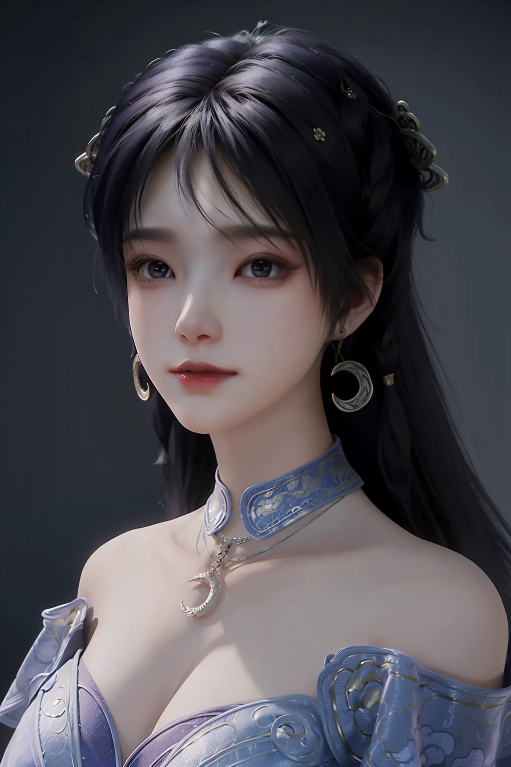 <lora:JiZiyue:1>,jiziyue,1girl,solo,jewelry,earrings,black hair,long hair,realistic,crescent,breasts,crescent earrings,dress,necklace,bare shoulders,lips,upper body,looking at viewer,simple background,cleavage,lavender background,
masterpiece,highest quality,exquisite details,amazing art,realistic details,pretty face,real skin,8K,RAW,movie lighting,soft light,shallow depth of field,bokeh,dreamy,beautiful detailed eyes,Hair details,