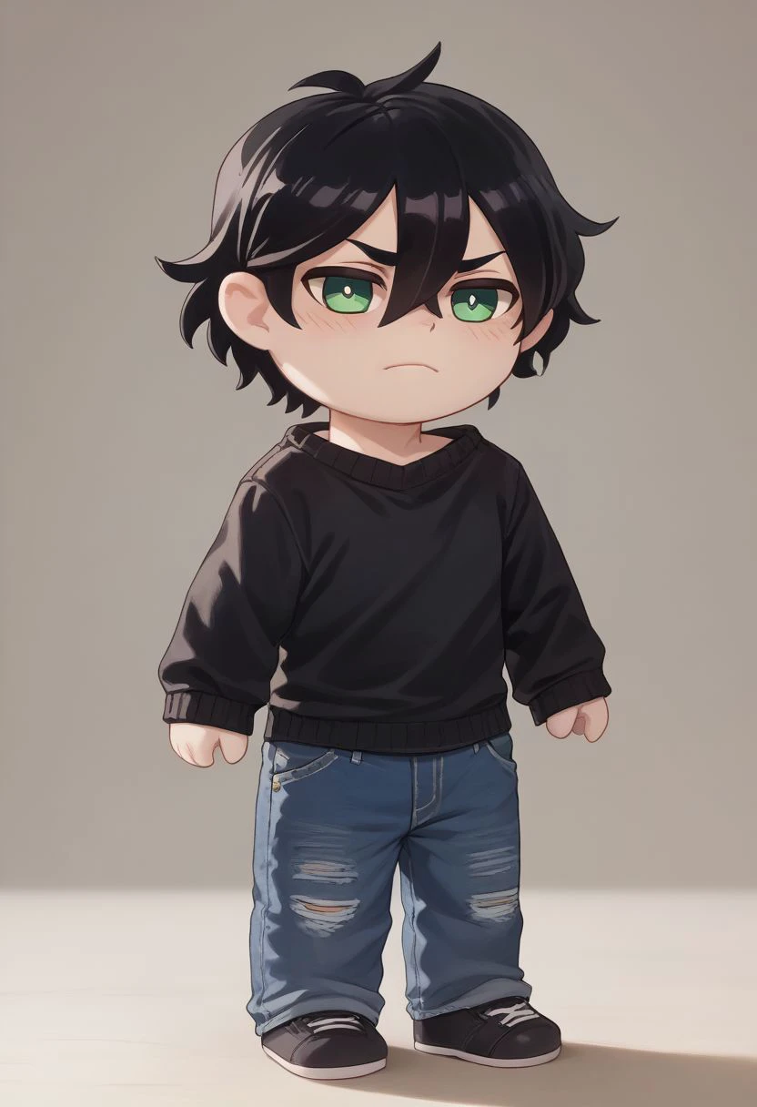 score_9, score_8_up, score_7_up, score_6_up, score_5_up, Andrew Graves, green eyes, solo, 1boy, black hair, hair between eyes, black sweater, jeans, plushify, character stuffed toy, chibi