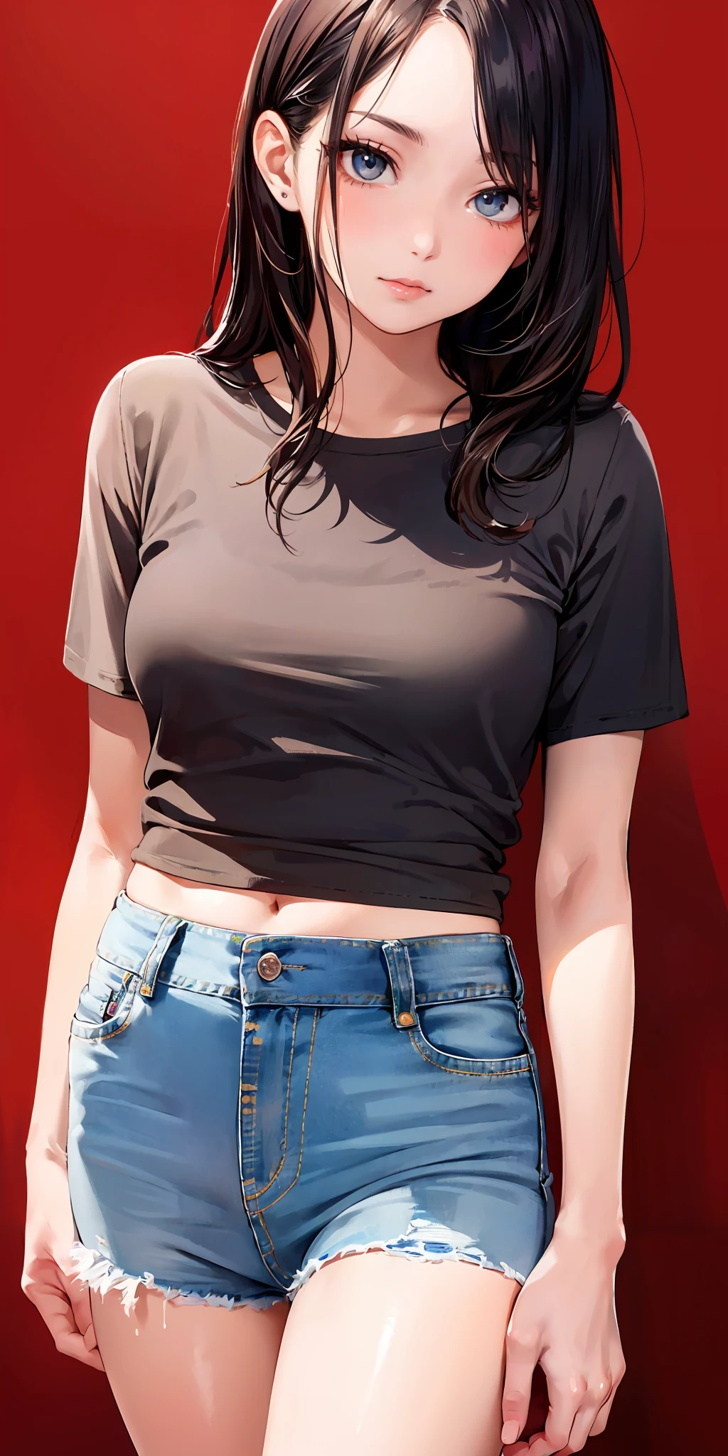 masterpiece,ultra-detailed,best quality,8K,illustration,cute face,clean skin ,shiny hair,
girl,simple background,cowboy shot,  <lora:hotpants_SD_V1.0:0.6> hotpants,denim