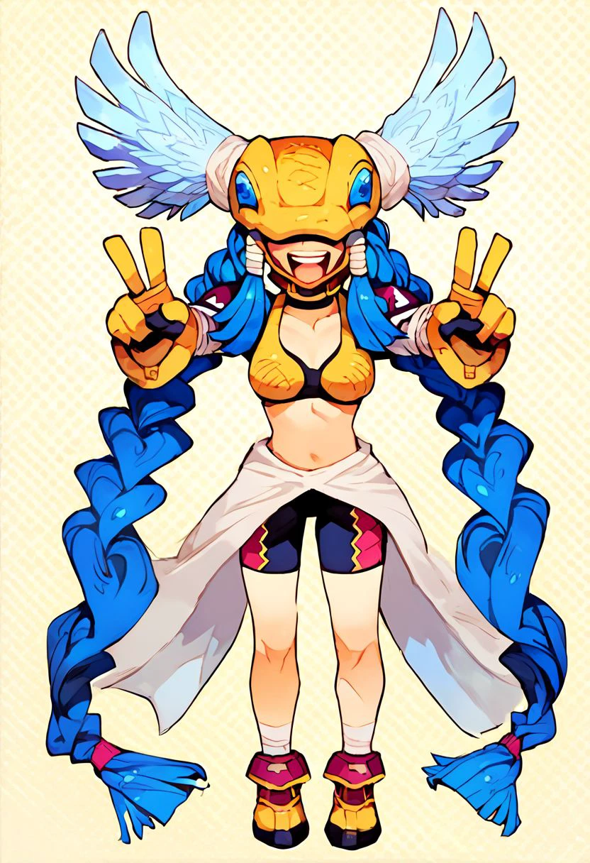 score_9, score_8_up, score_7_up, 1girl, minervamon, 1girl, full body, double peace sign, happy,long hair,medium breasts, very long hair, blue hair,braid,covered eyes, digimon (creature), winged helmet,