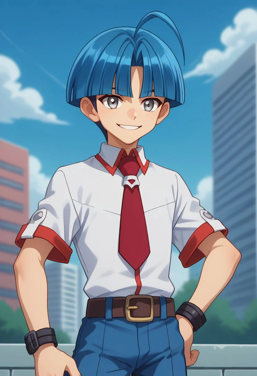 score_9, score_8_up, score_7_up, source_anime, highly detailed, 
caswell, 1boy, male focus, solo, blue hair, necktie, ahoge, red necktie, grey eyes, smile,
belt, shirt, school uniform, bangs, looking at viewer, hand on hip, blue pants, pants, white shirt,
outdoor, sky, upper body,