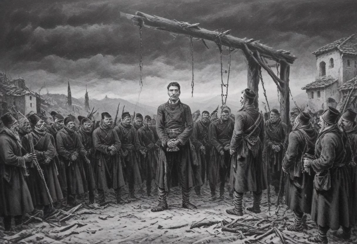 Dramatic and realistic high quality and ultra high resolution image of Vasil Levski in front of the gallows accompanied by Ottoman soldiers, correct anatomy, correct anatomy of arms and legs Vasil Levski: Tall, slender man with a beard and moustache. Dressed in dark clothing, draped with (the yamurluk is a thick woolen outer garment) a folk costume to protect against the cold and rain characteristic of the era (1860s). He radiates courage and determination, but at the same time he is aware of his destiny. hand and foot shackles. (The gallows): (A wooden structure erected in a field near Sofia.) A crowd of people has gathered around it, watching in silence. Their faces are sad, dejected. Some of them may cry or mumble. In the background you can see churches, mosques or other buildings from the era. Atmosphere: dramatic, sad, hard winter, cold weather, stormy wind, dark and gloomy, The air is filled with tension and sorrow, sadness. The sun is setting, casting long shadows. a heavenly ray of light through the clouds falls on Levski, symbolizing his faith and martyrdom. A mountain or other symbol of freedom must be visible behind the gallows. wolves in the distance, children crying, resistance