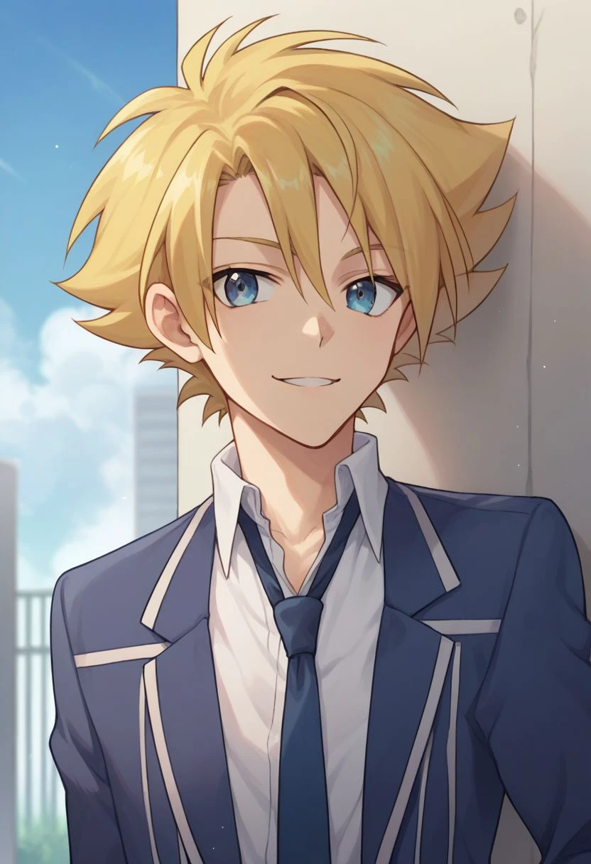 score_9, score_8_up, score_7_up, source_anime, highly detailed, 
taishi, male focus, 1boy, solo, smile, blonde hair, hood,  blue eyes, necktie, school uniform, blue necktie, blazer, jacket, upper body, shirt, looking at viewer,
outdoor, sky,